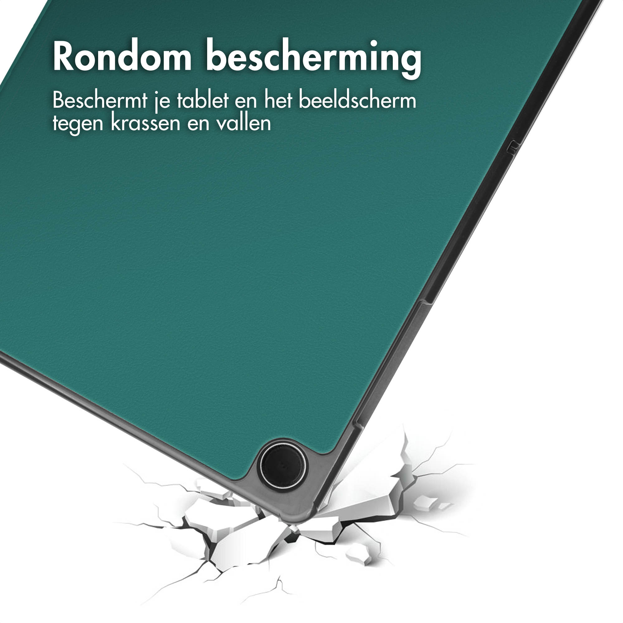 Een tablethoes wordt getoond, de hoek raakt de grond. De hoes is groen en de grond breekt.