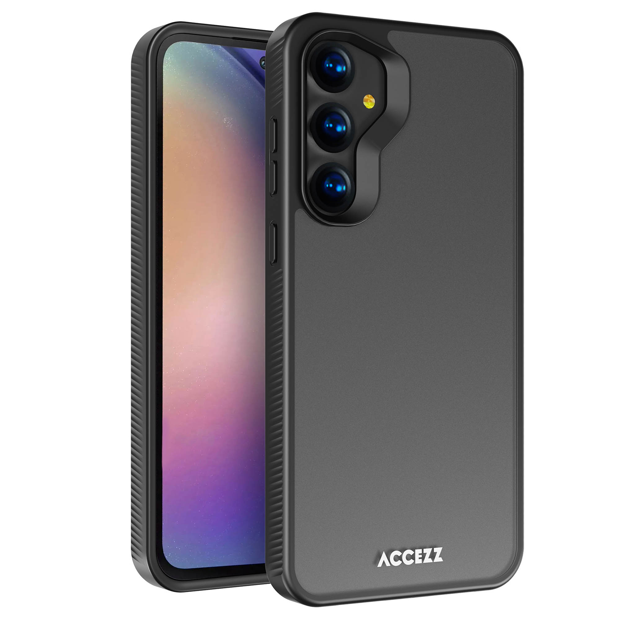 Custodia per telefono nera con un telefono all'interno, che mostra la fotocamera.