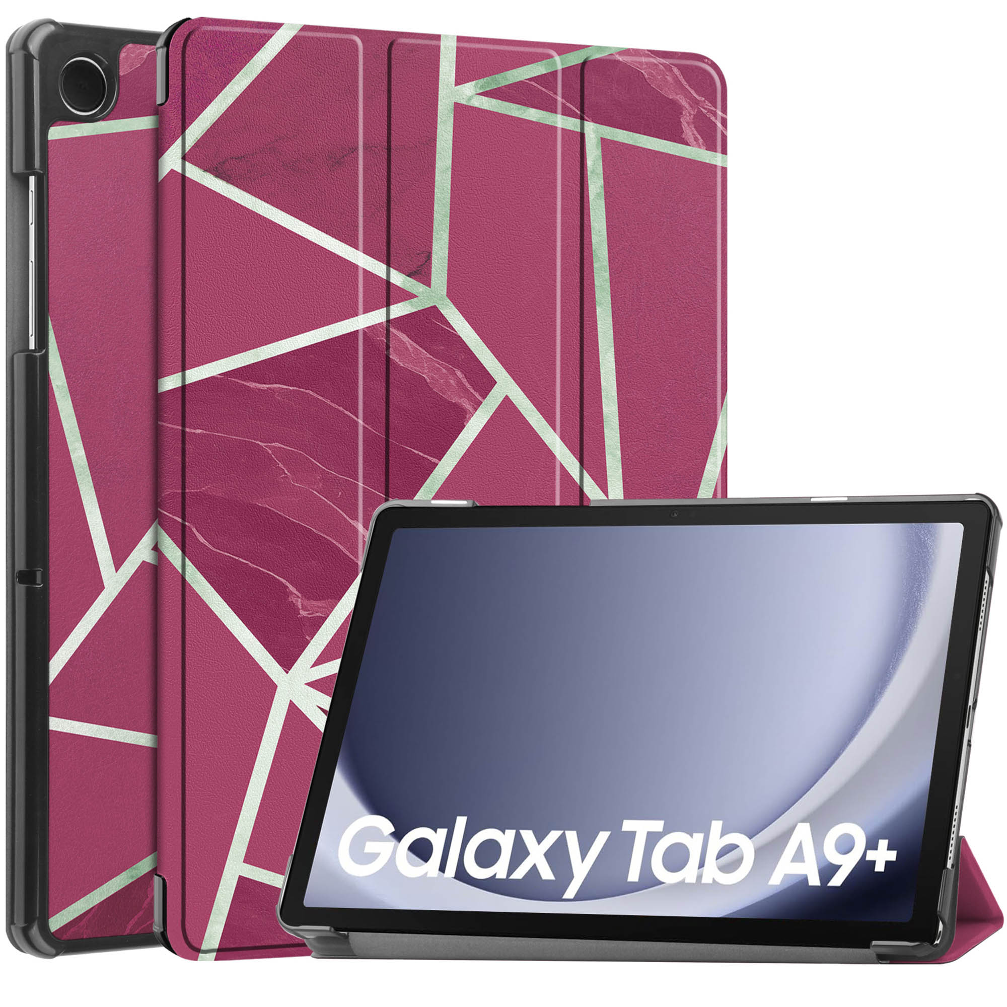 Tablet met een hoes, met een magenta en groen geometrisch ontwerp.