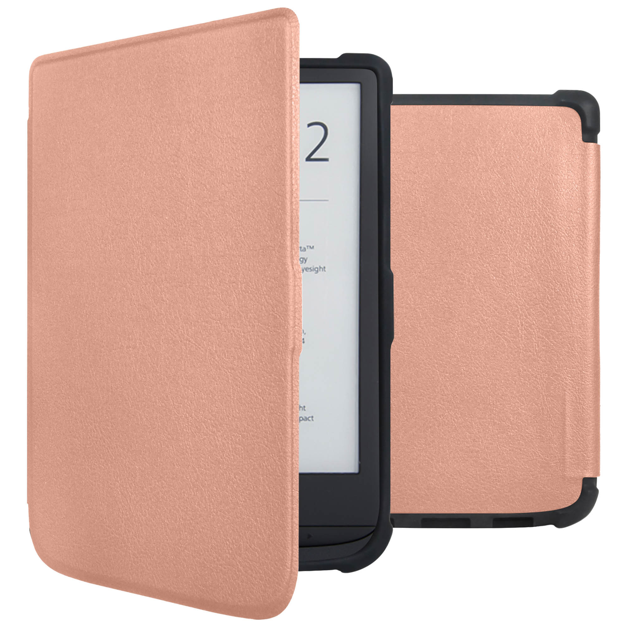 Kindle case open, met het apparaat, met een roségouden cover.
