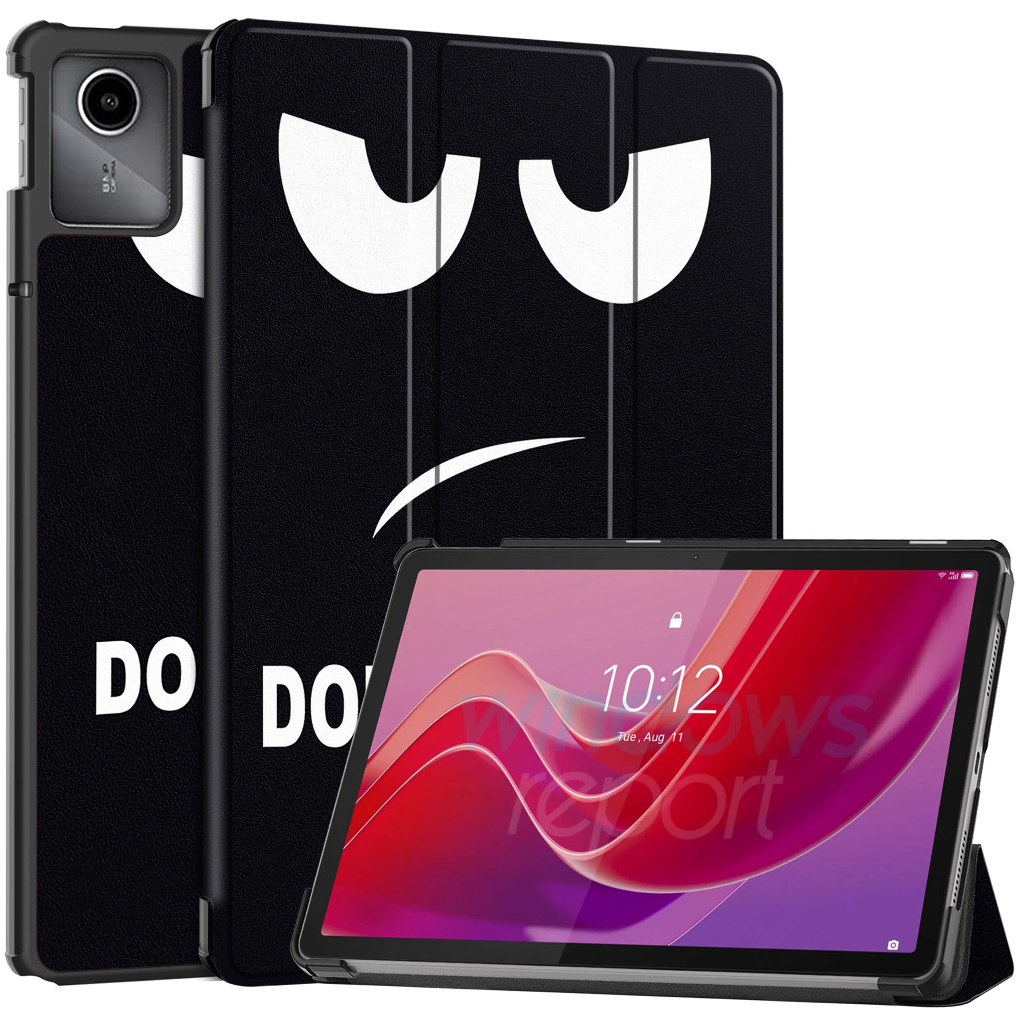Tablet case with a black design, and a tablet showing a screen. Text: Do Do Do.