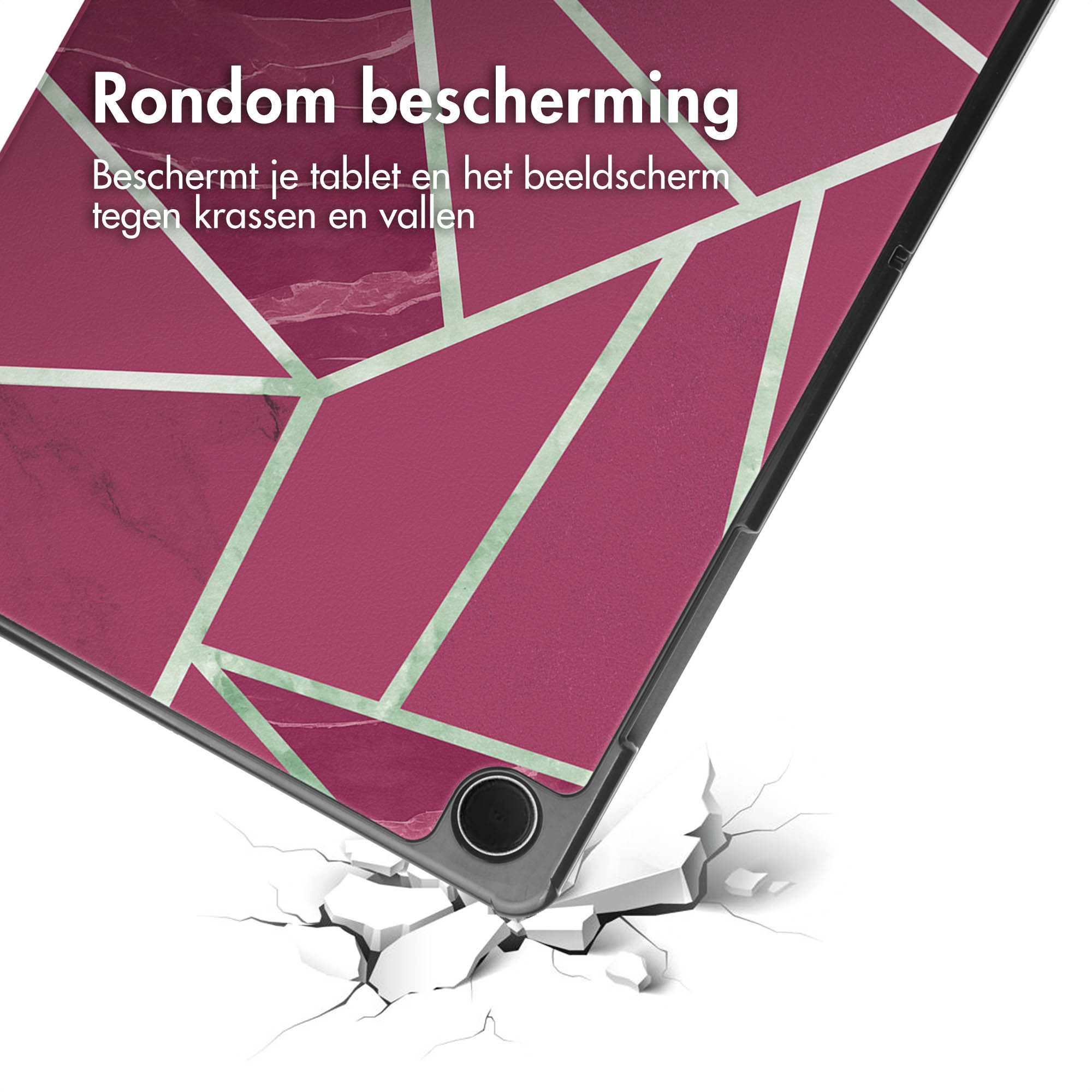 Tablethoek met geometrisch patroon, gebarsten grond eronder.