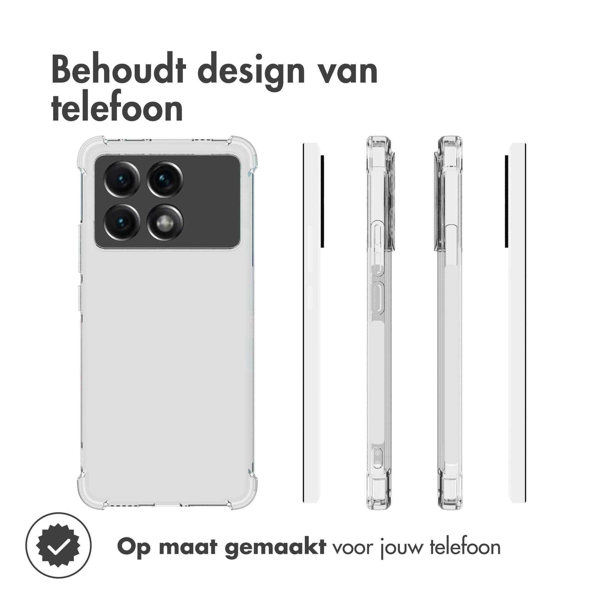 Custodia trasparente per telefono, viste laterali. Testo: Preserva il design del telefono. Realizzato su misura per il tuo telefono.