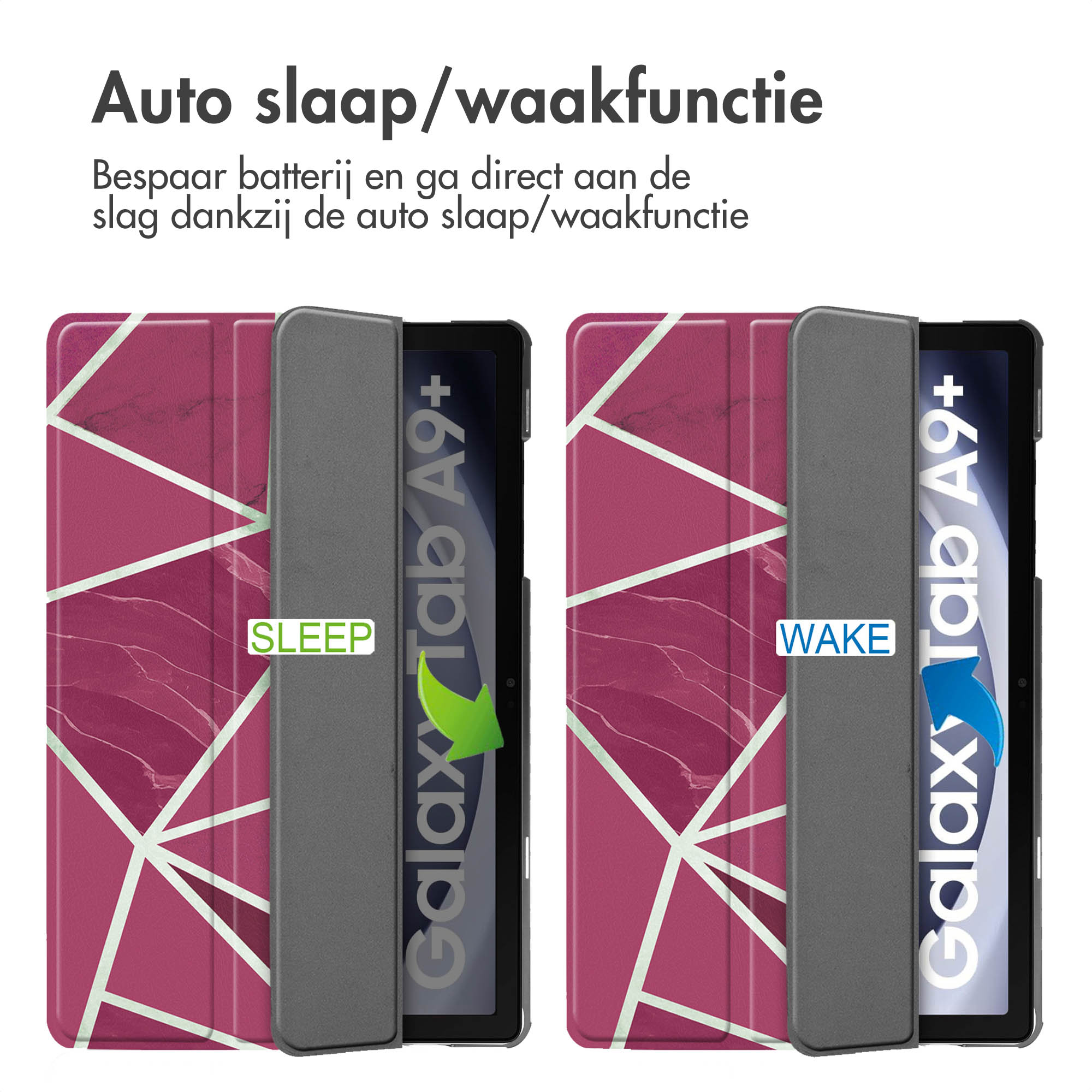 Tablethoezen met sleep/wake-functie. Twee hoezen, één open, één gesloten. Witte achtergrond.