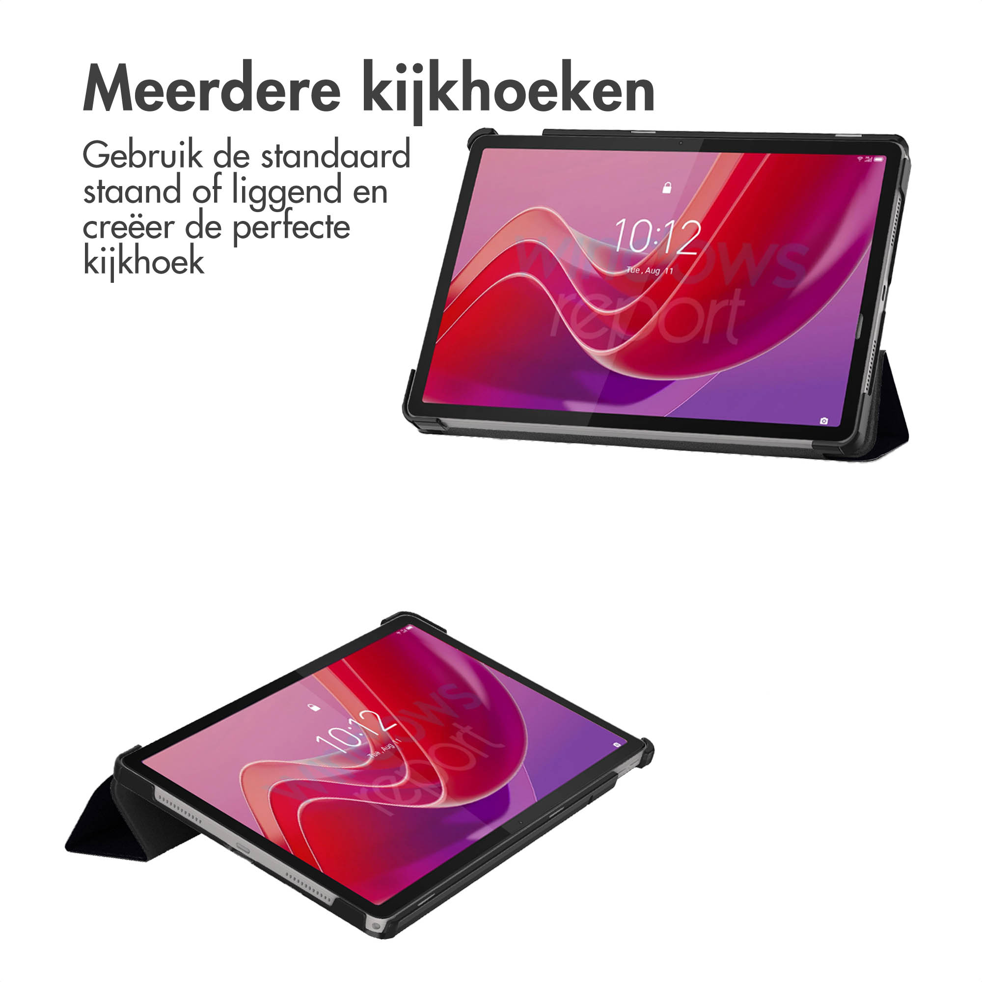 Tablets in a case, showing multiple viewing angles, with a dark display.
