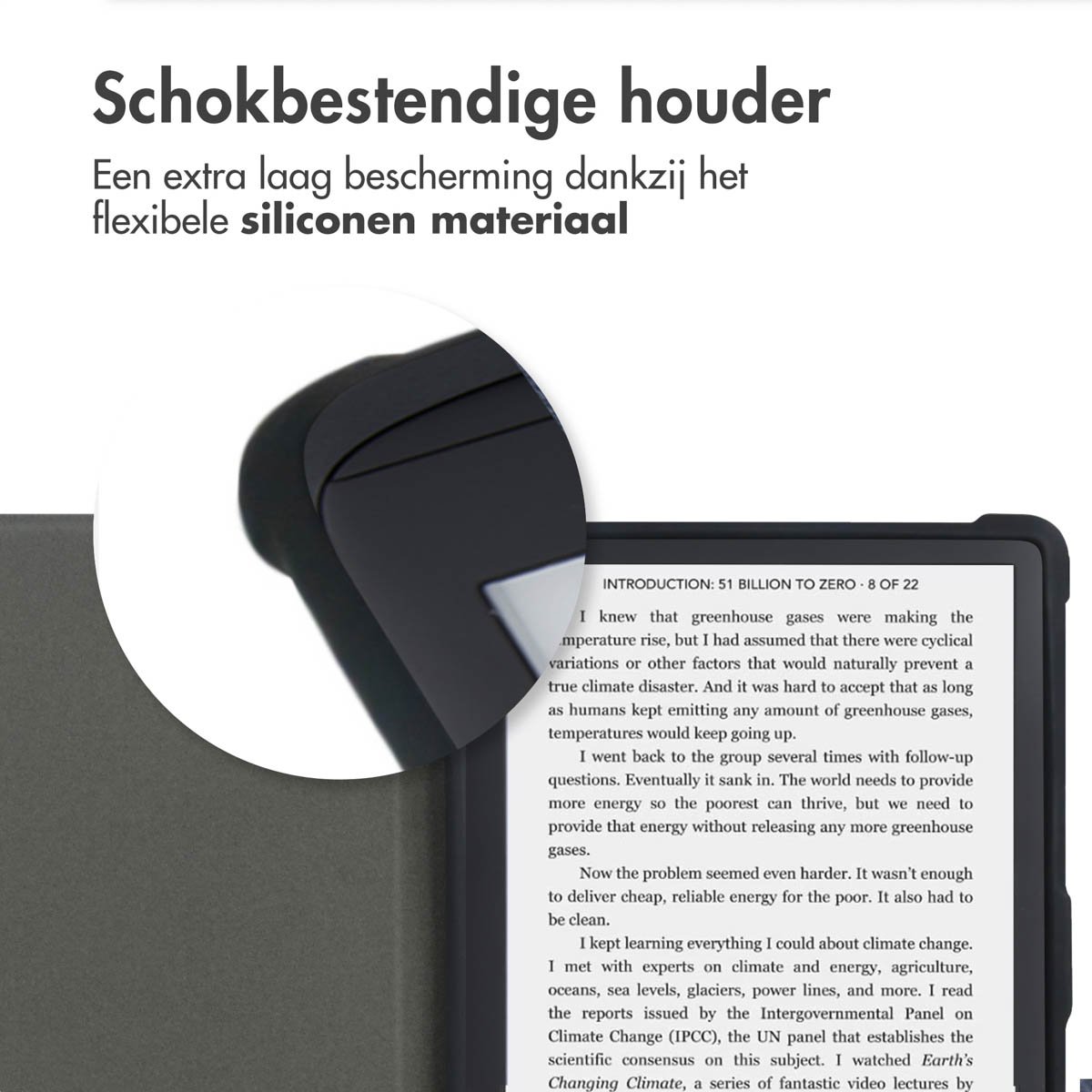 Tablethoes met een close-up van een hoek. Tekst en een klein gedeelte van een boek zijn ook zichtbaar.