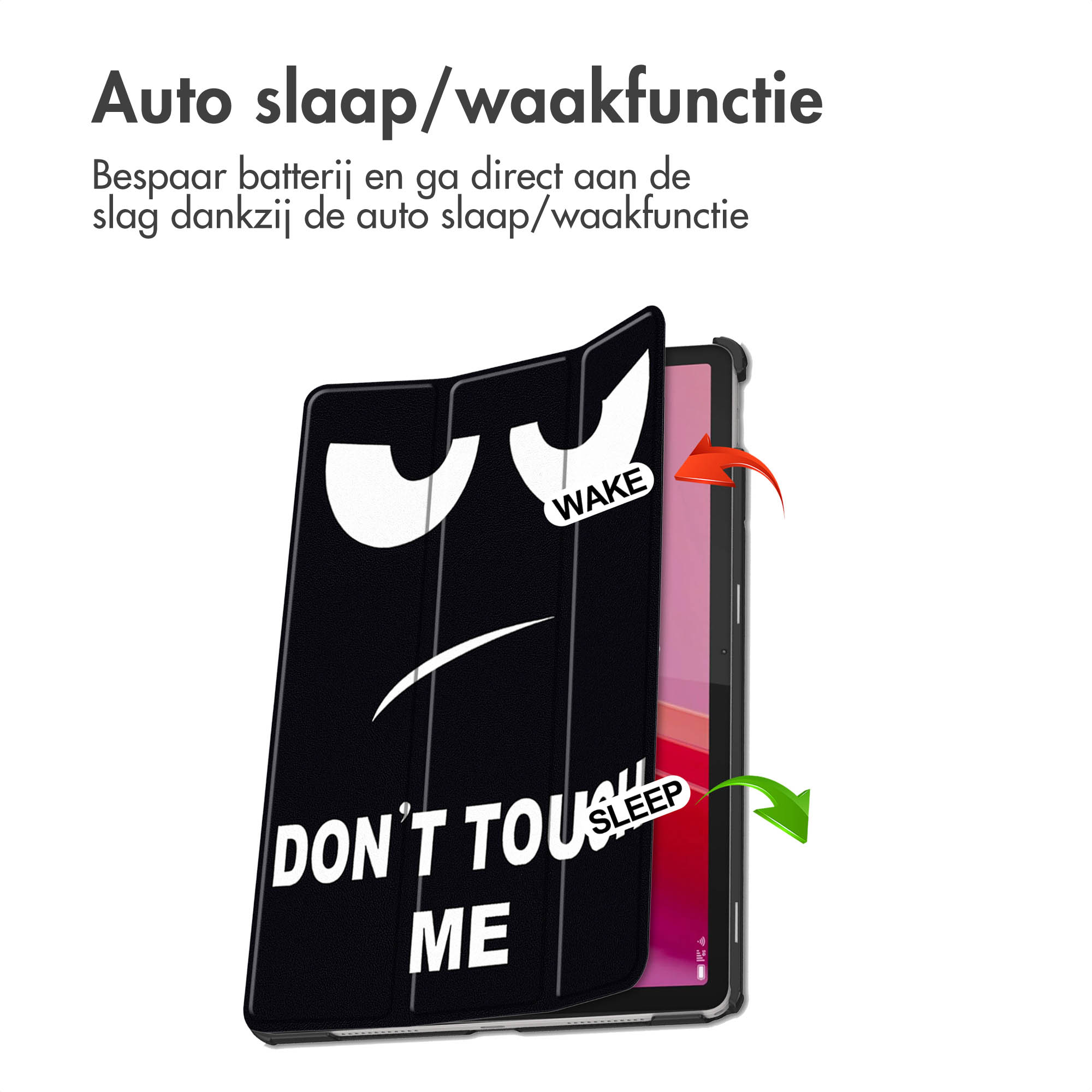Tablet case with a black cover and the words 'DON'T TOUCH ME'. A green and red arrow are on display.