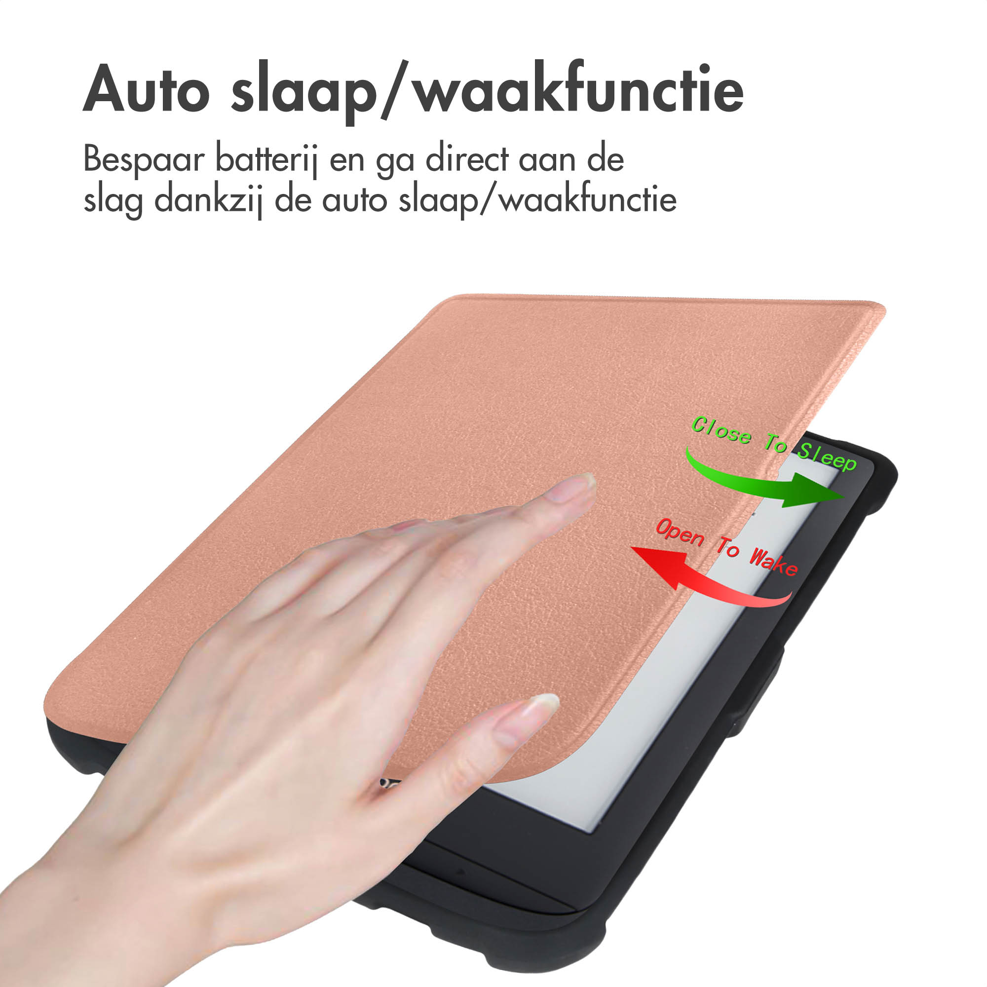 Een roségouden e-reader hoesje getoond met een hand die het sluit om het in slaapstand te zetten.