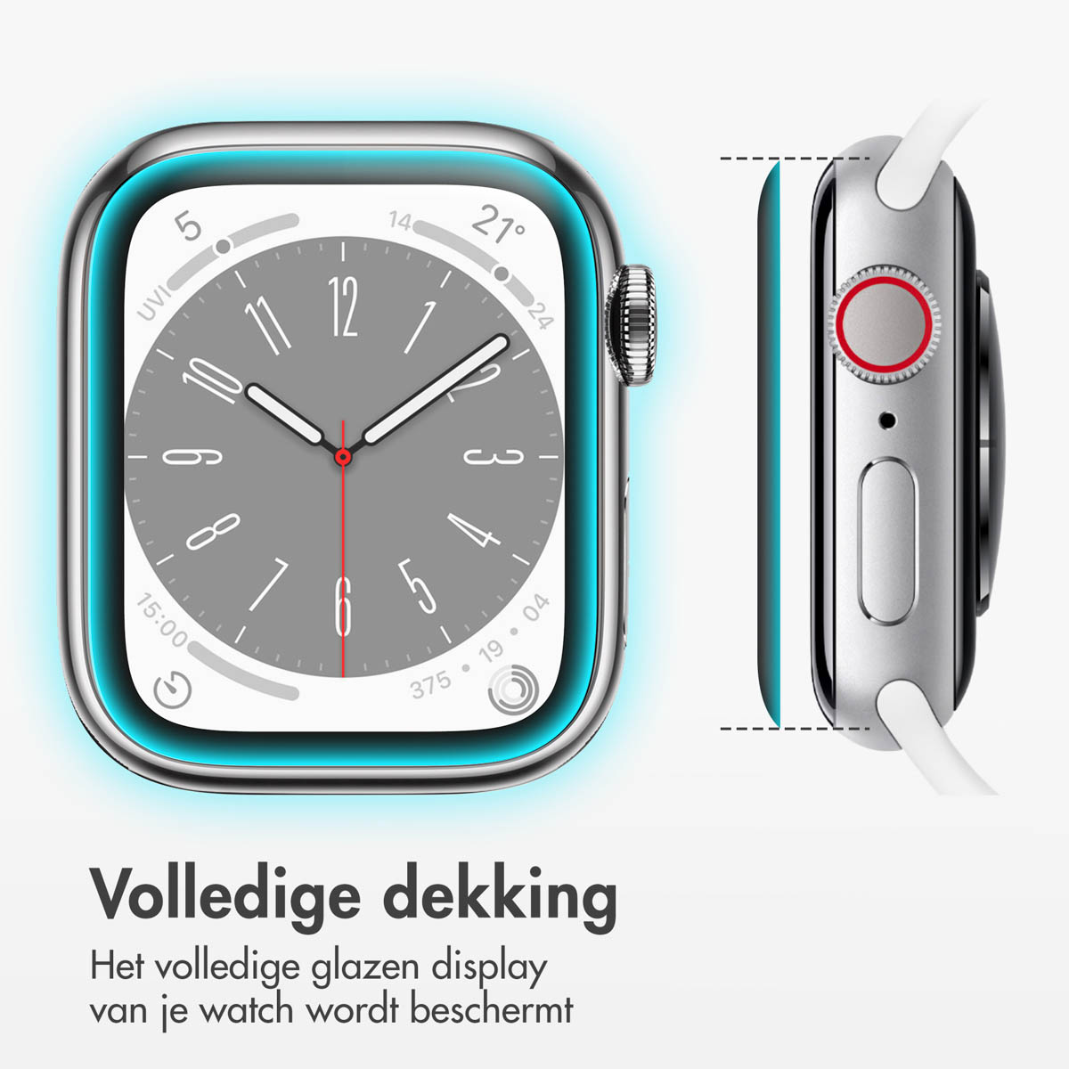 Smartwatch with screen protector. Text: Full coverage. The entire glass display of your watch is protected.