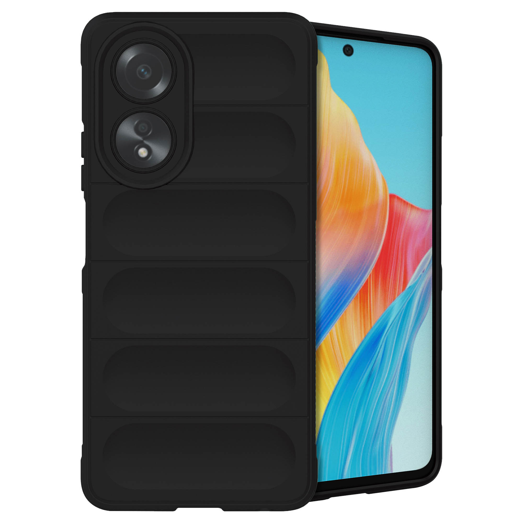 Zwarte telefoonhoes met geribbeld ontwerp op een telefoon met kleurenscherm.