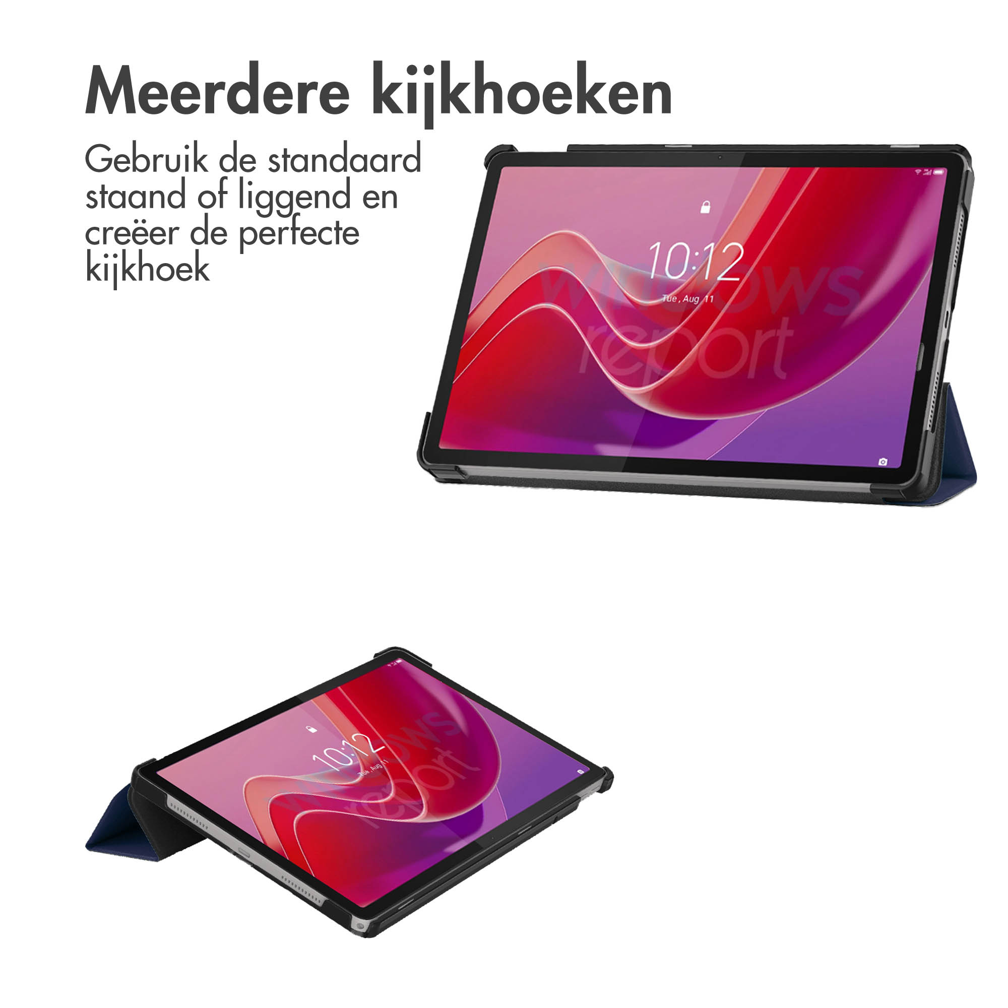 Two images of a tablet in a case, one flat and one angled, showing the screen.