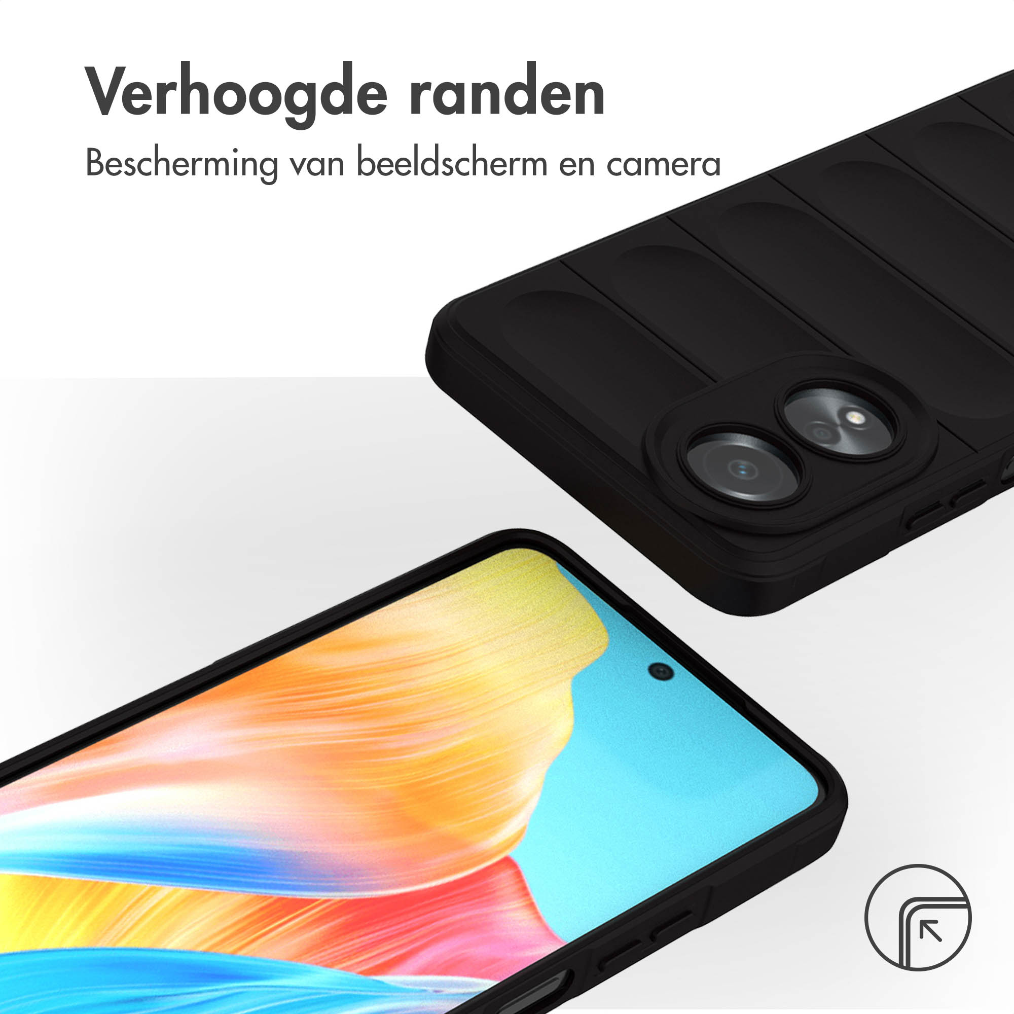 Zwarte telefoonhoes beschermt de telefoon, camera en scherm getoond.