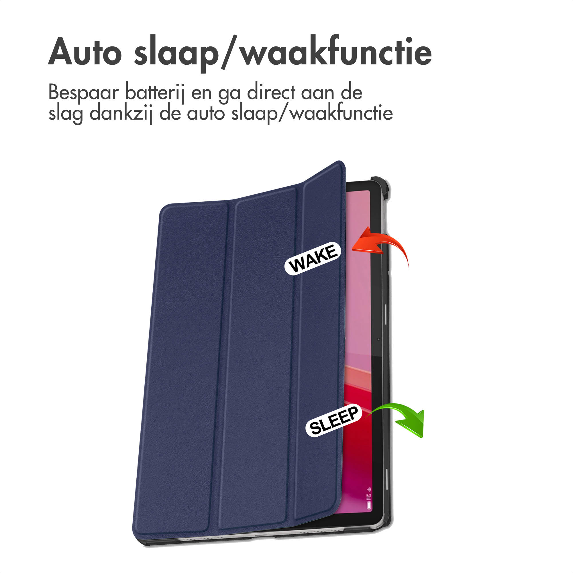 A navy tablet case with a tablet inside. Text says: Auto slaap/waakfunctie and Wake, Sleep with arrows.