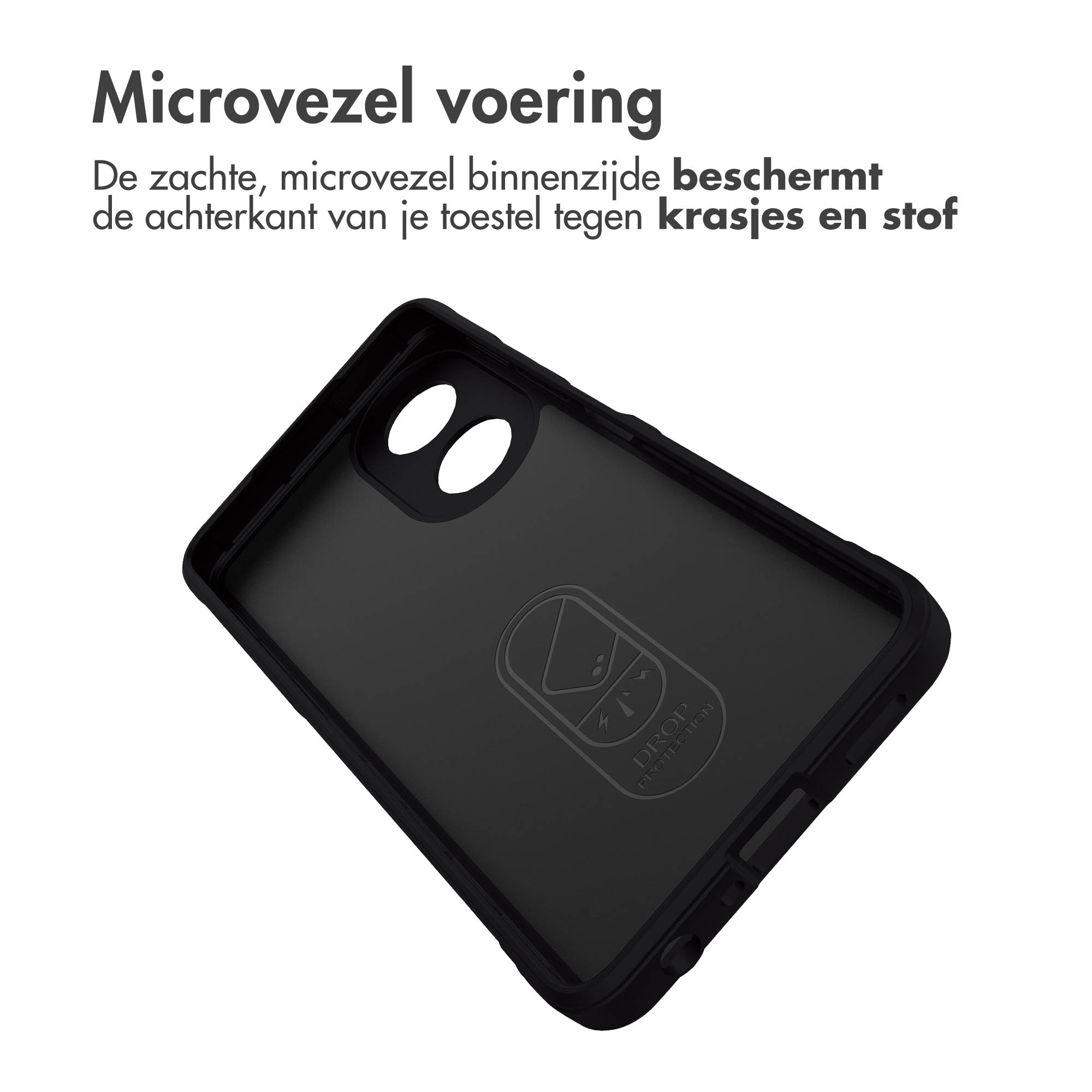 Binnenkant van zwarte telefoonhoes. Toont de binnenkant met het Drop protection logo.