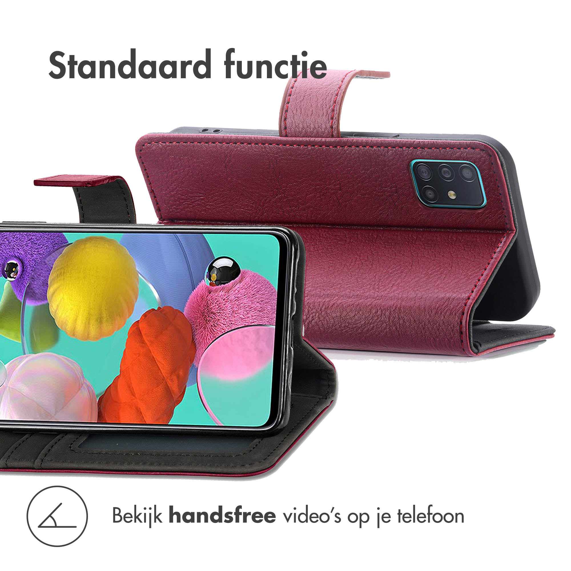 Rode telefoonhoes in standaardmodus, met scherm en achtercamera. Tekst: Standaard functie.