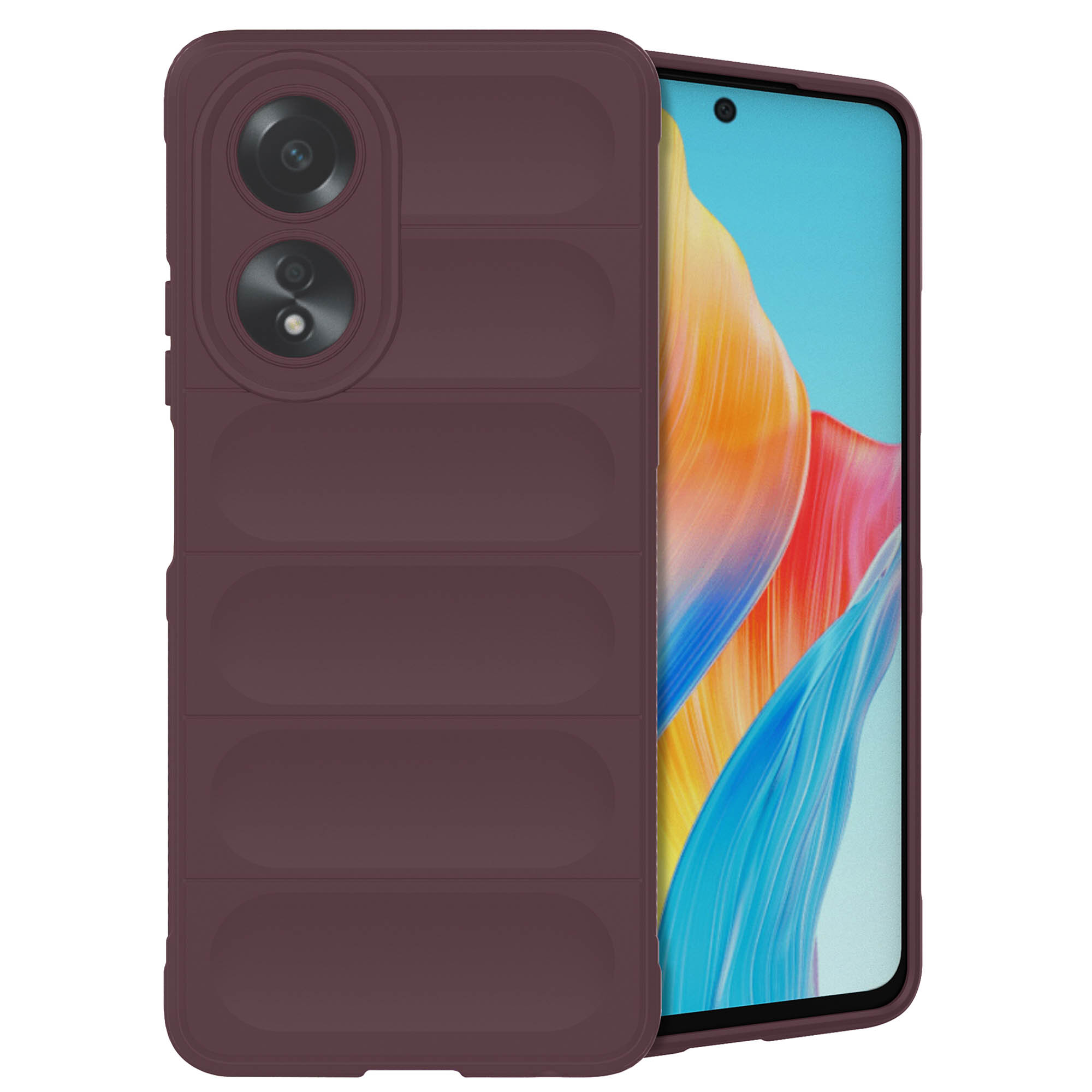Een bordeauxrode telefoonhoes met een geribbeld ontwerp, die een telefoon met een blauw scherm bedekt.