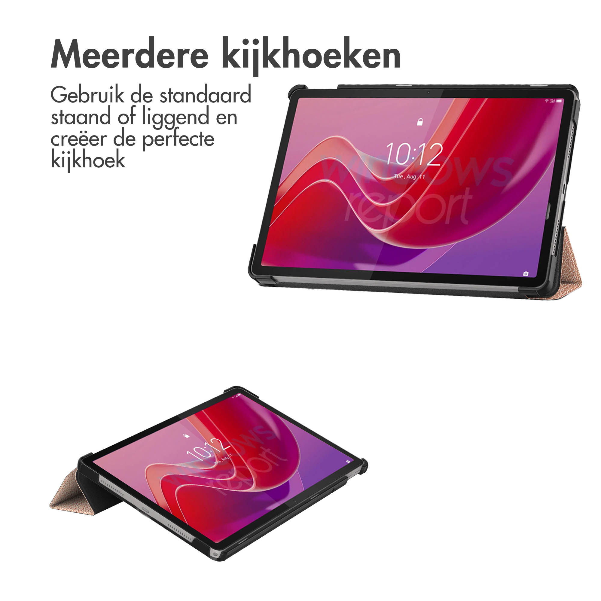 Tablet in a case, two viewing angles shown. The case is black, with a brown stand.