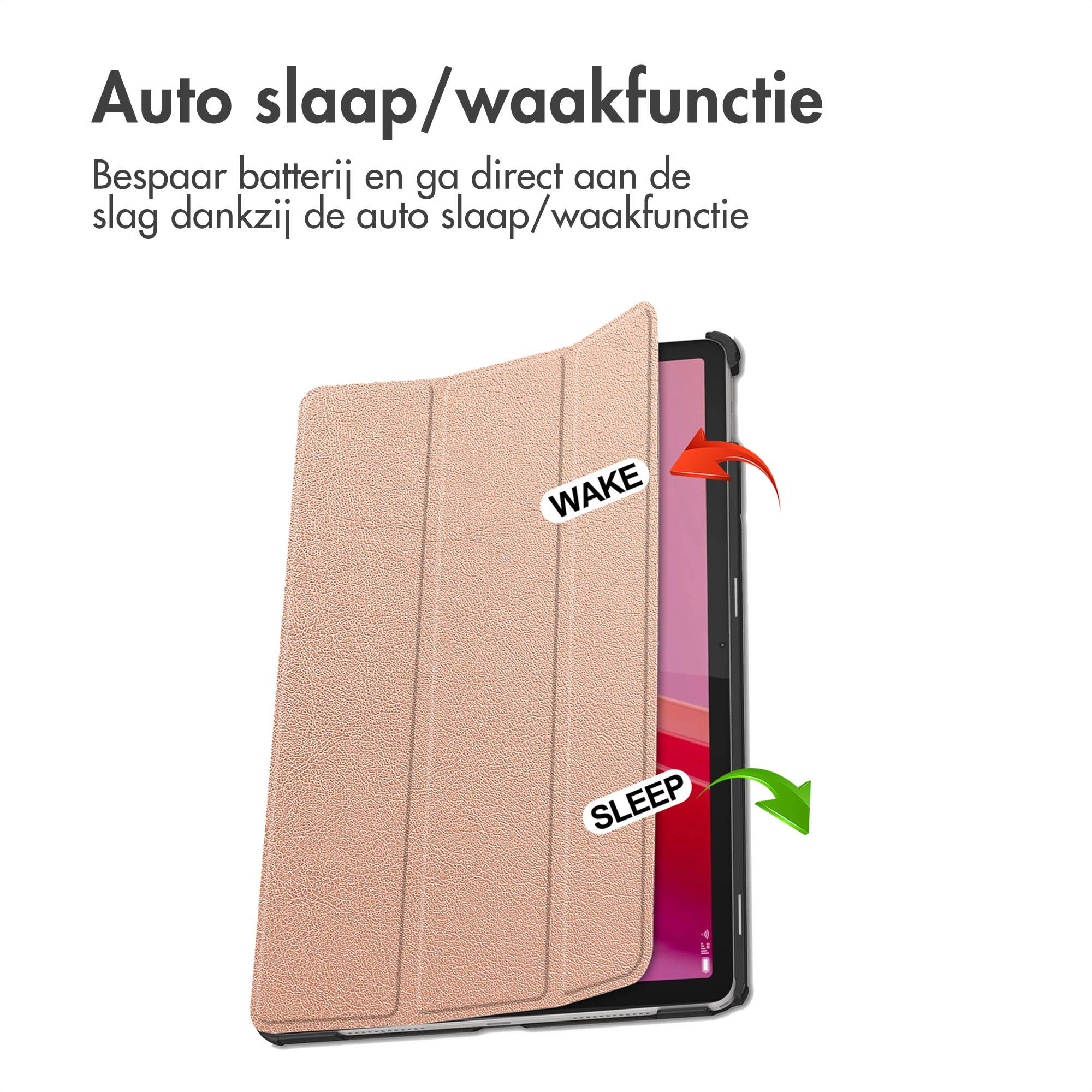 Tablet case with a cover open, showing the screen. Text says 'Auto sleep/wake function'.