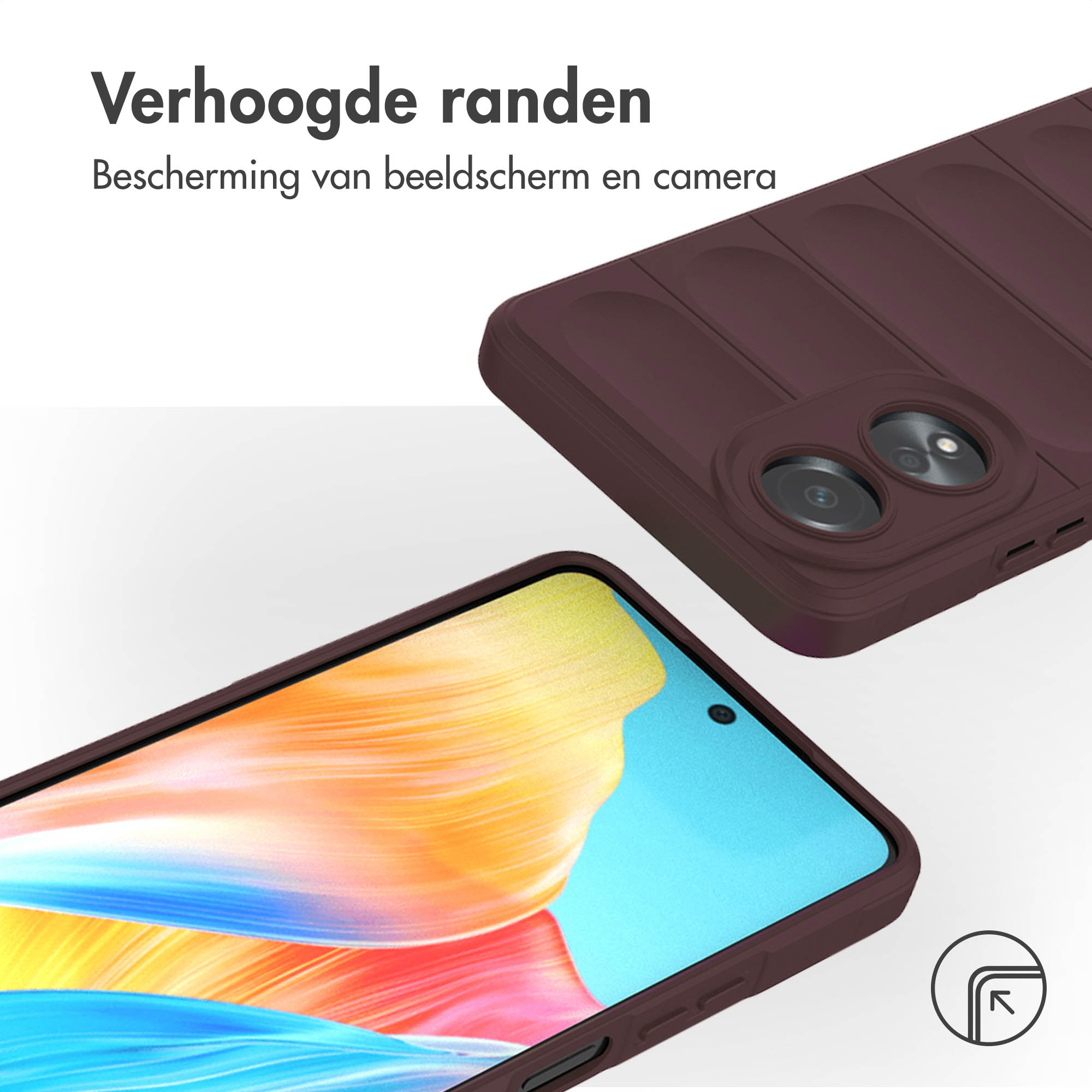 Bordeaux telefoonhoes met verhoogde randen die het scherm en de camera beschermen.