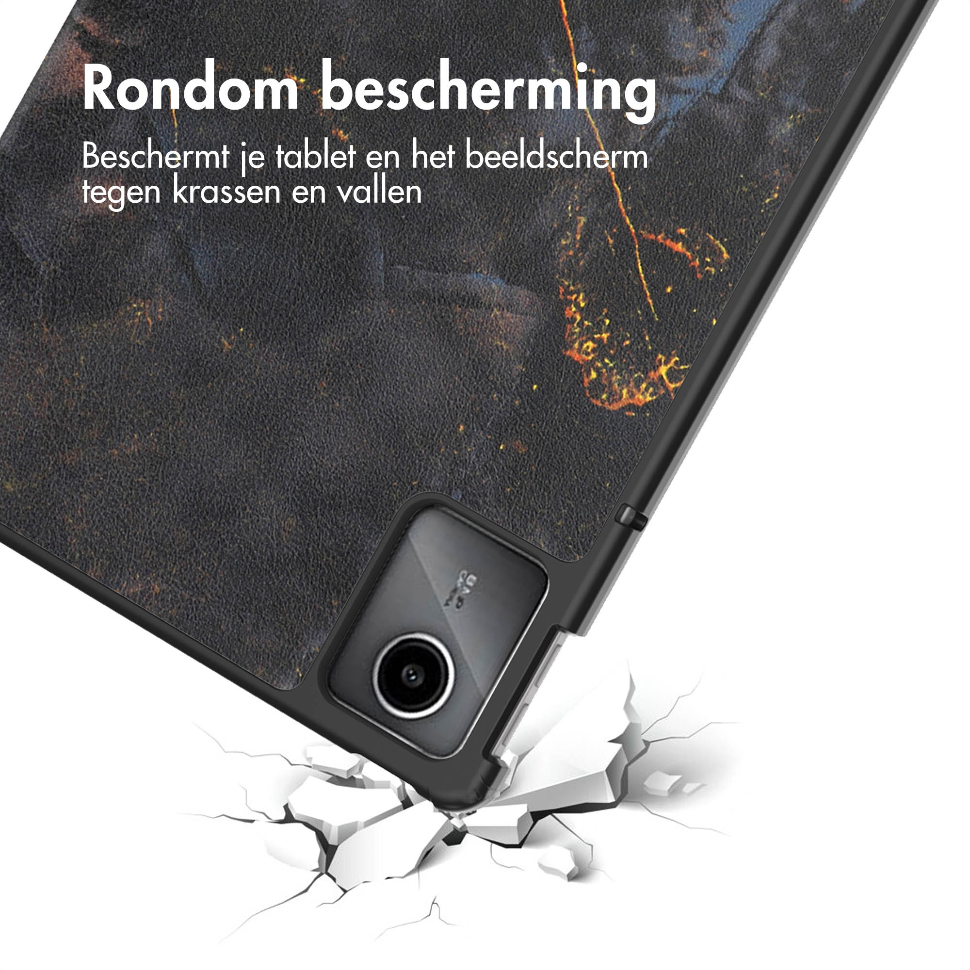 Tablet with black cover, lying on surface. Cracks appear on the surface, suggesting impact.