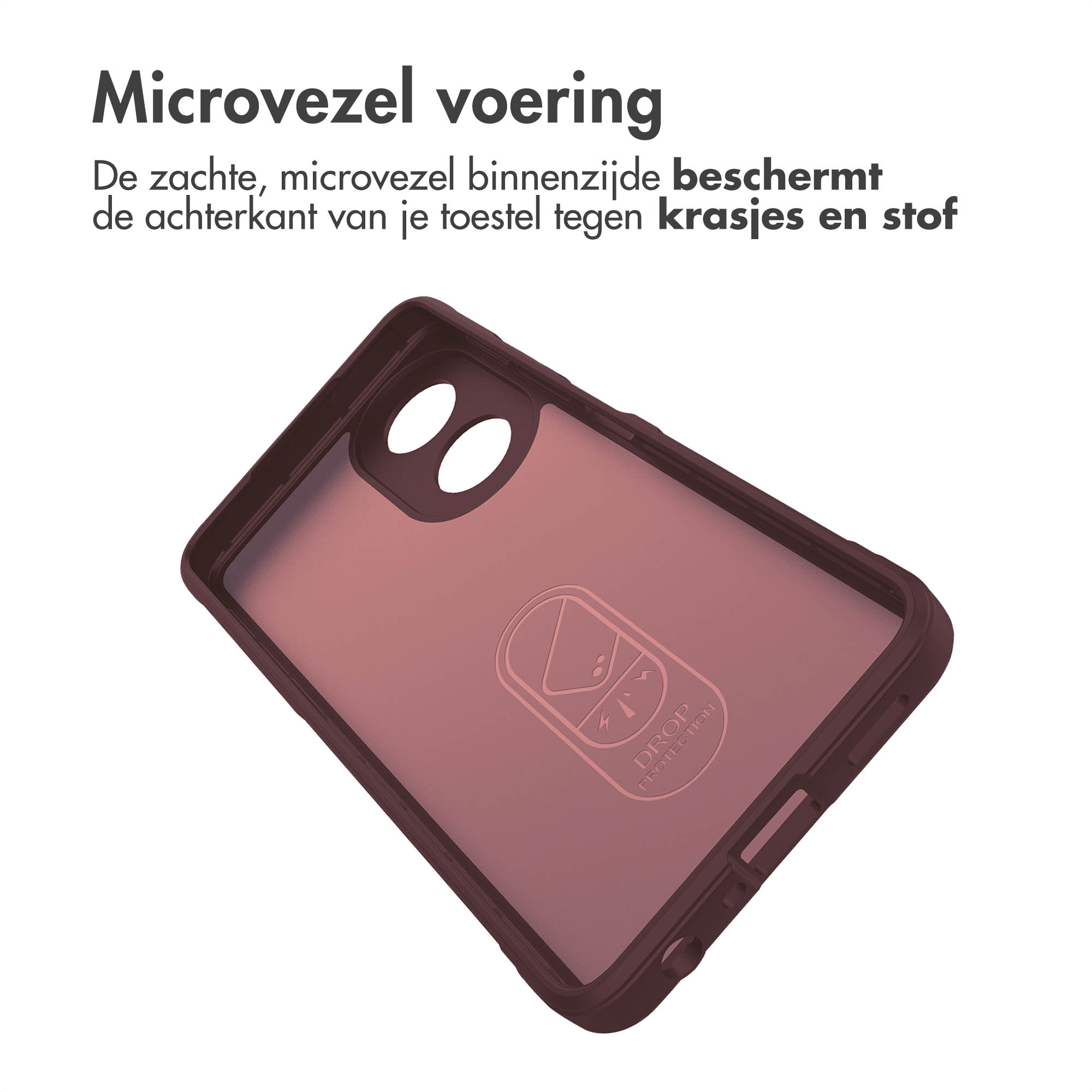 Roodbruine telefoonhoes. Witte achtergrond, tekst in het Nederlands.