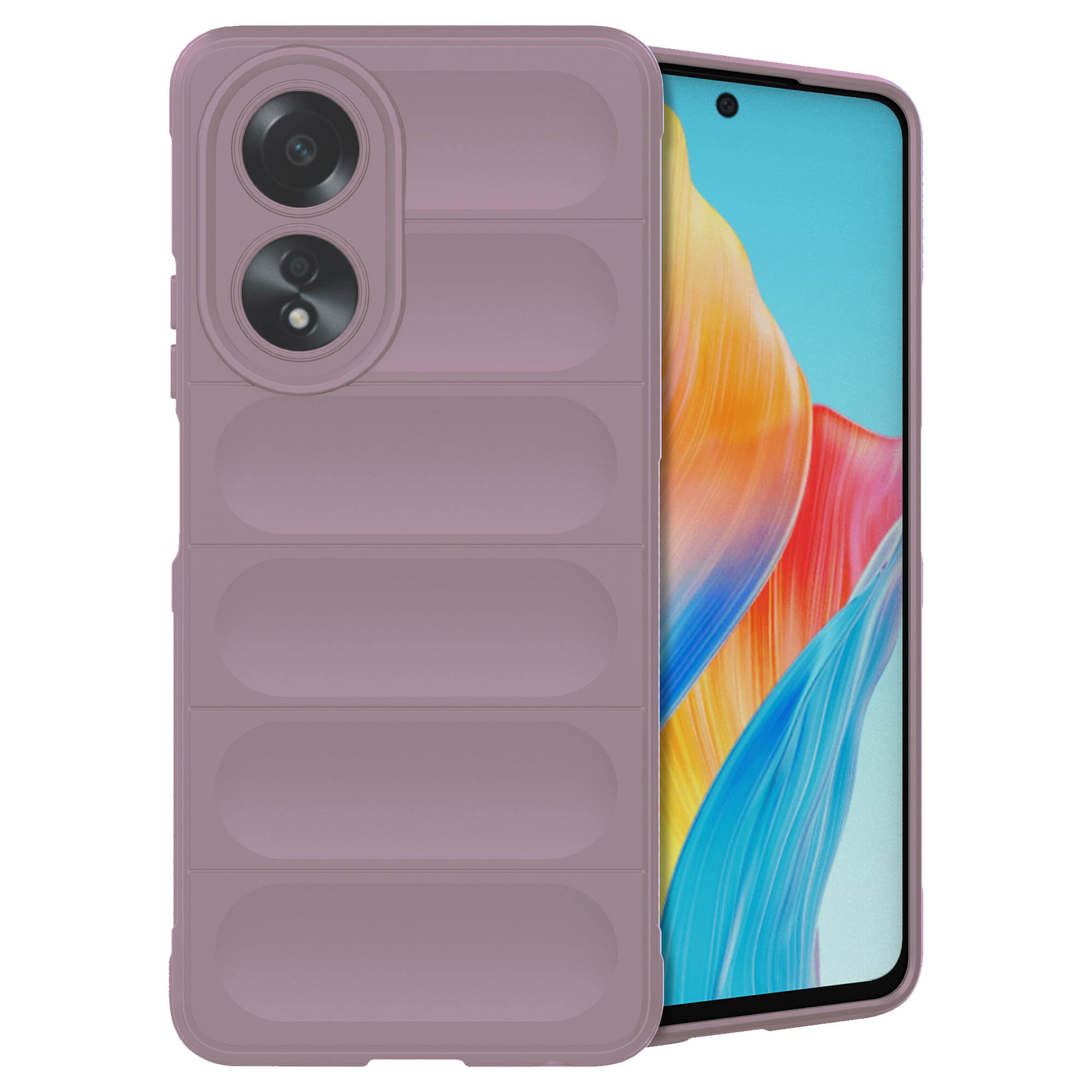 Lila telefoonhoesje met een telefoon erin. Witte achtergrond.