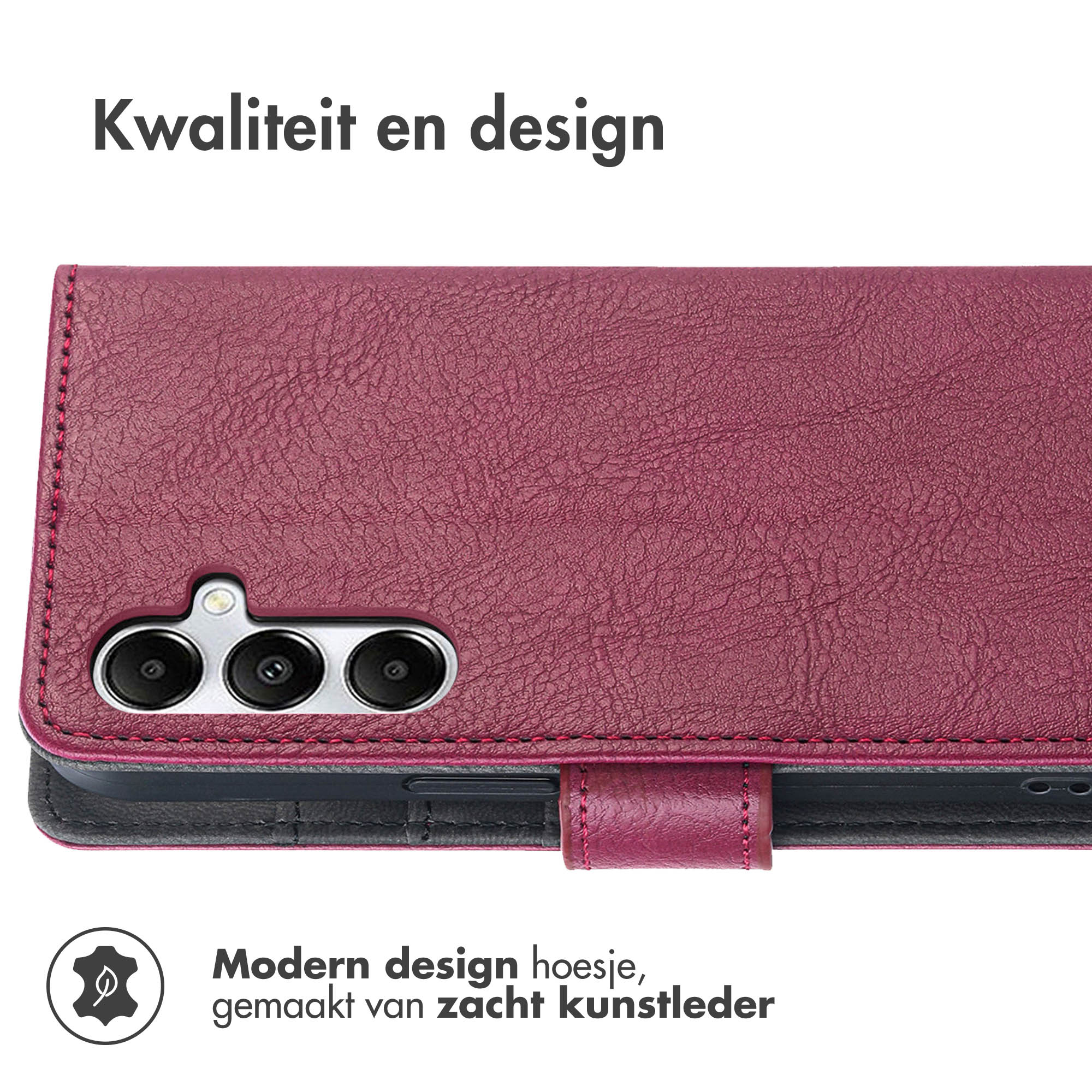 Paarse kunstlederen telefoonhoes met camera-uitsparing. Tekst: Kwaliteit en design.