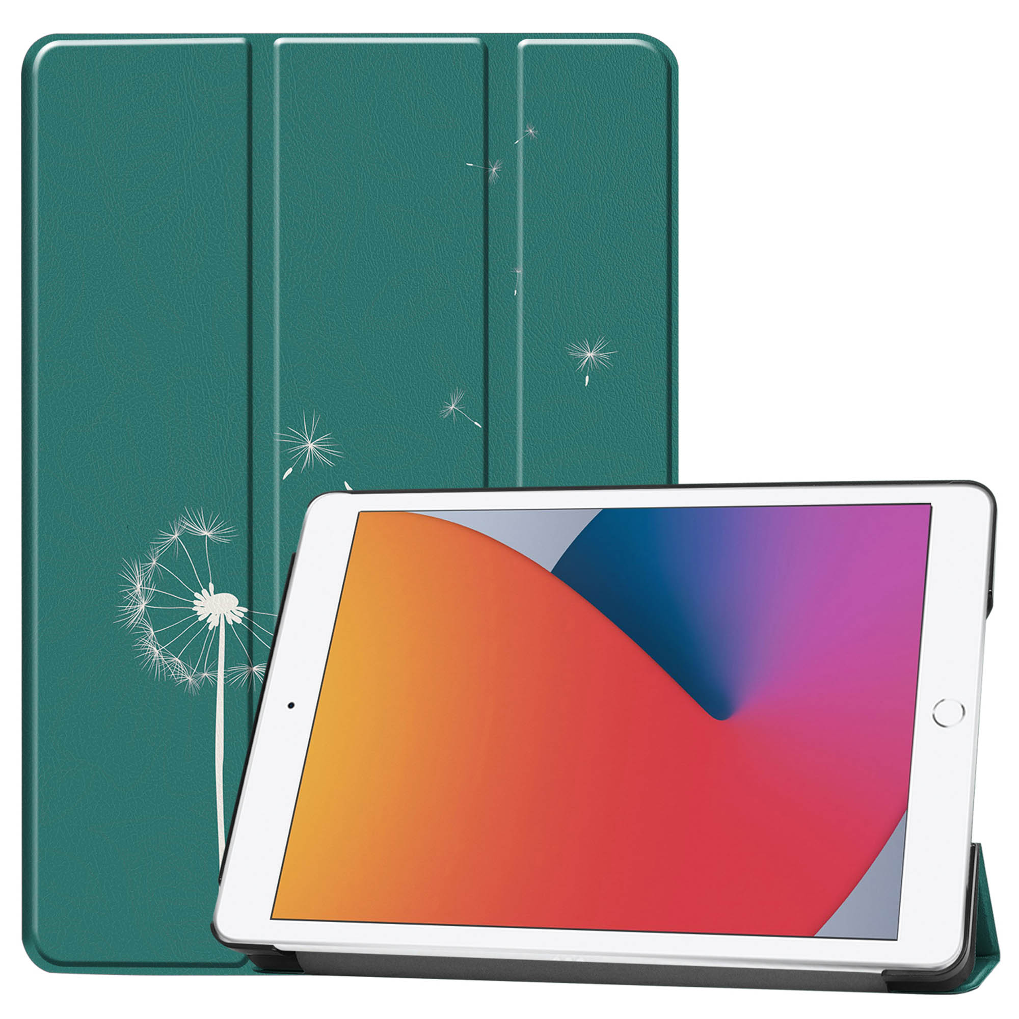 A green tablet case with a dandelion design. The tablet is shown in an upright position.