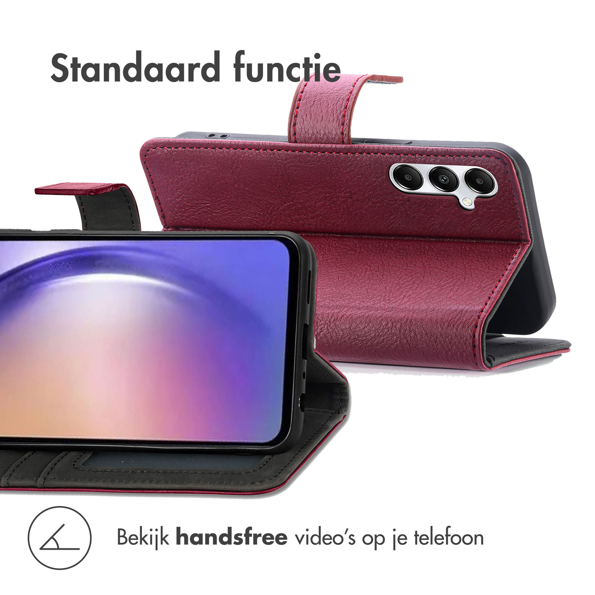 Rood telefoonhoesje met standaardfunctie en flitser.