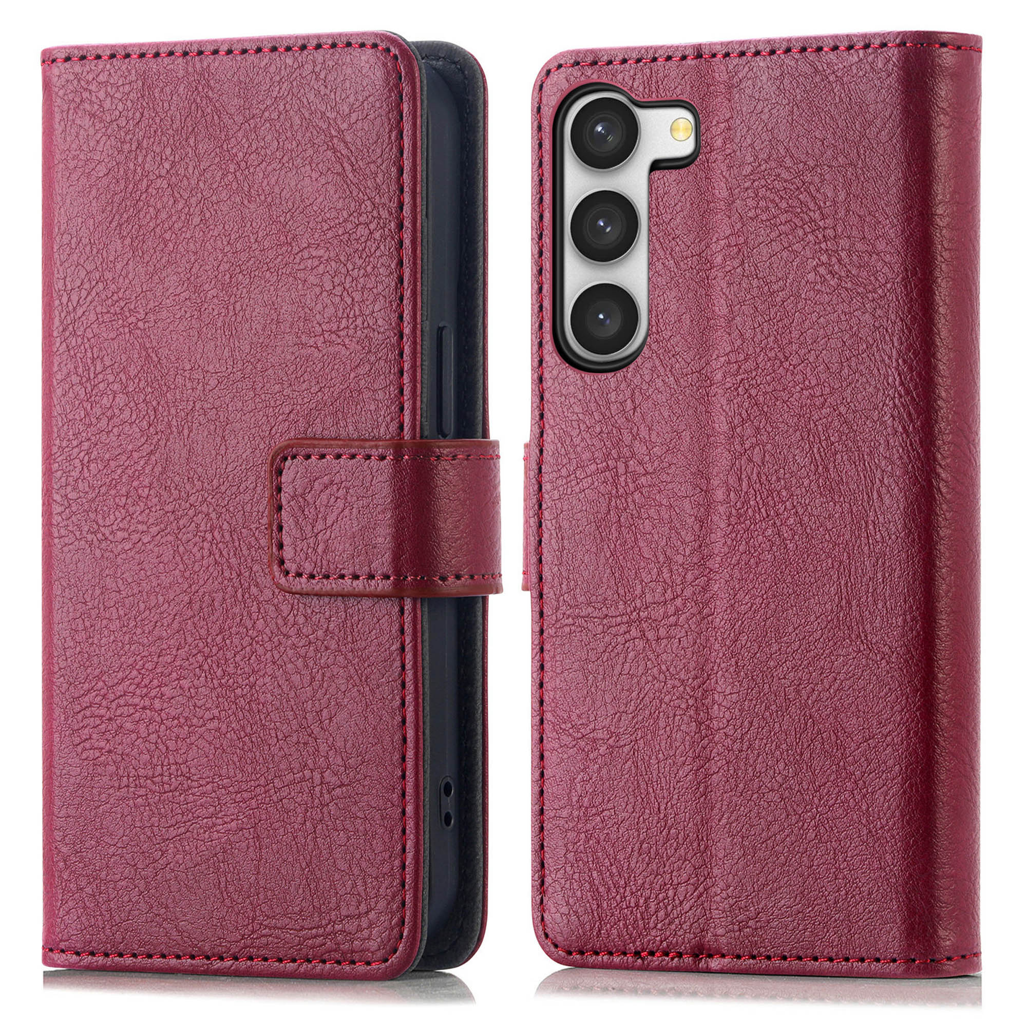 Een bordeauxrode leren telefoonhoes, open en dicht, met stikseldetails.