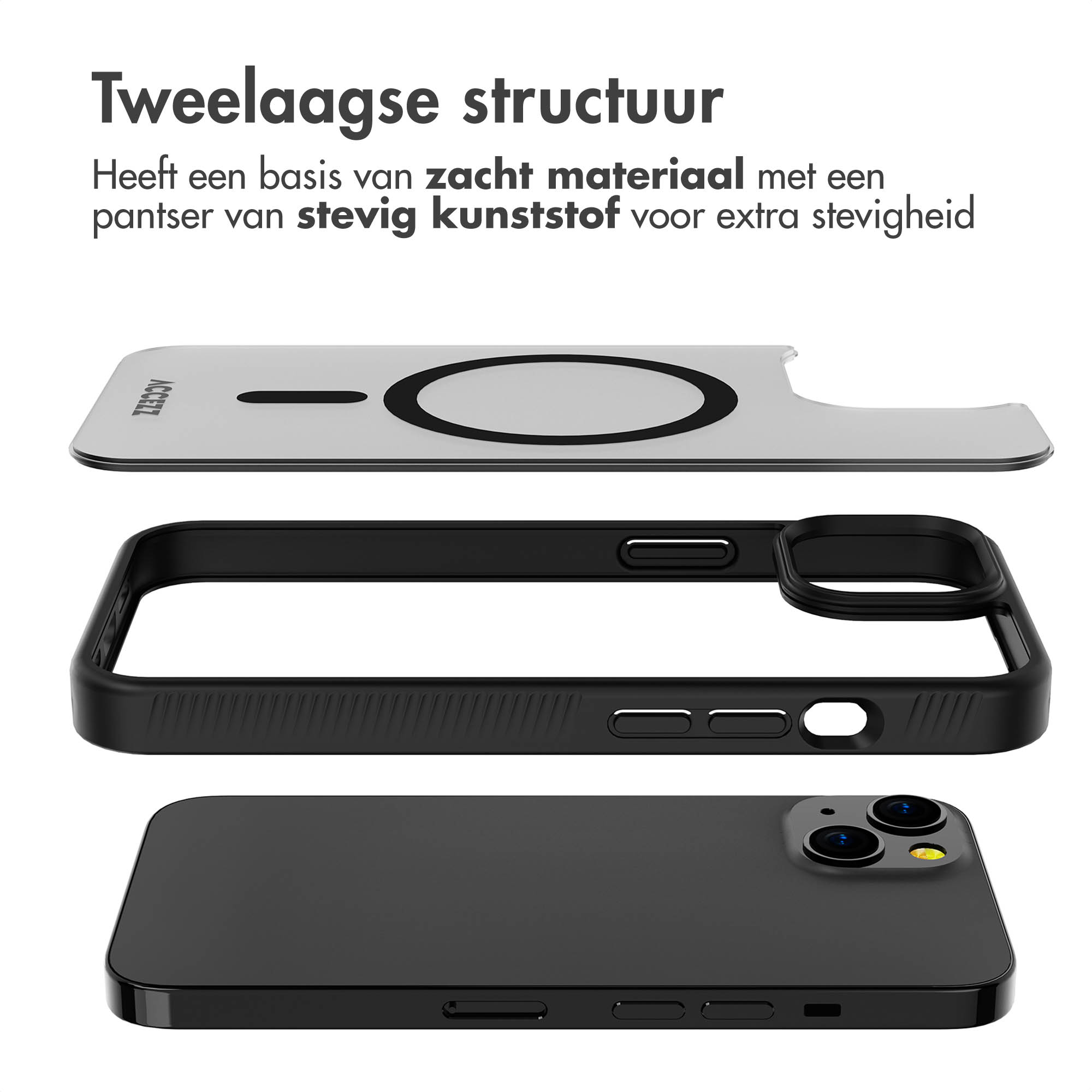 Componenti della custodia del telefono, telaio nero, anello magnetico e retro.