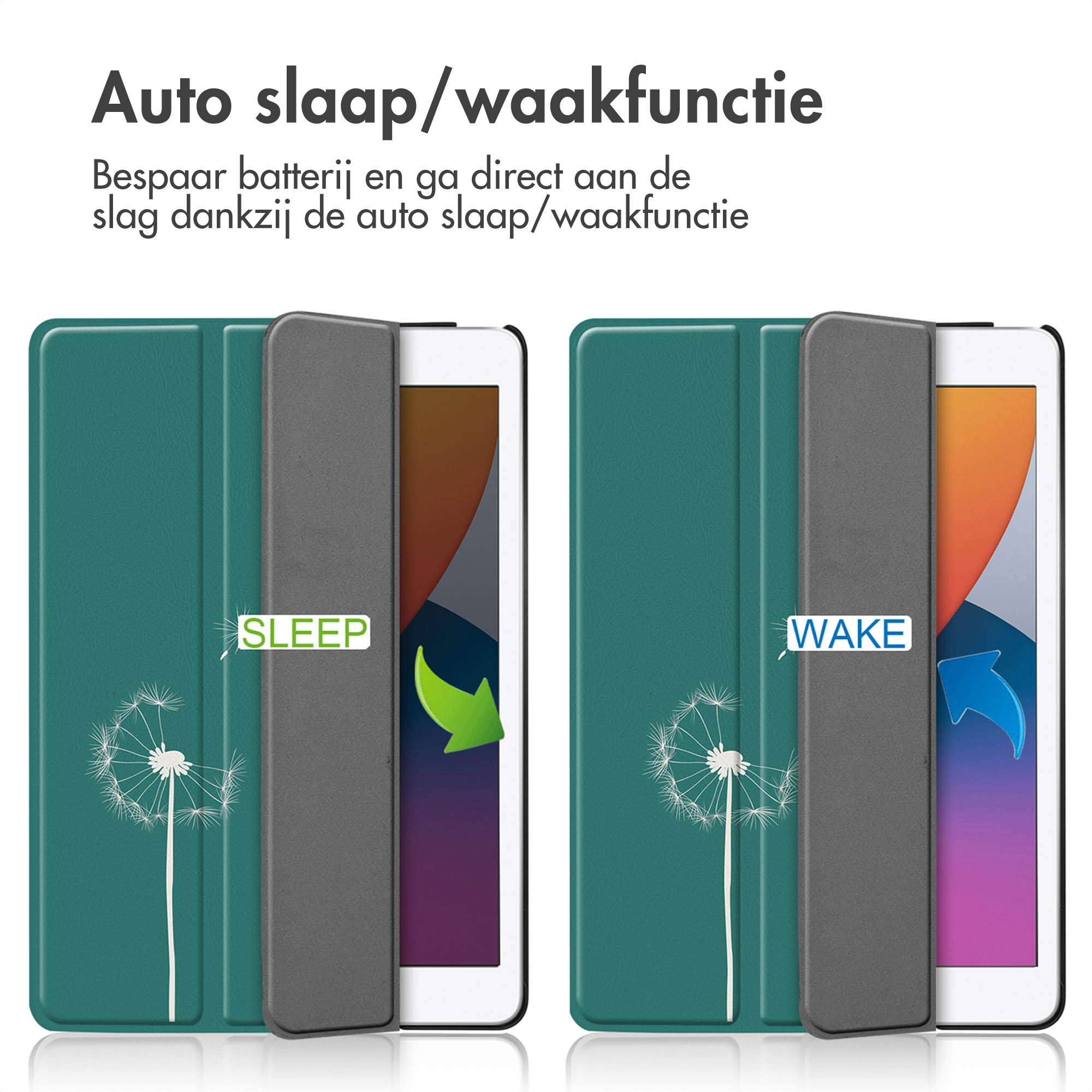 Two tablets, one open, one closed, showing dandelion design on green cover.