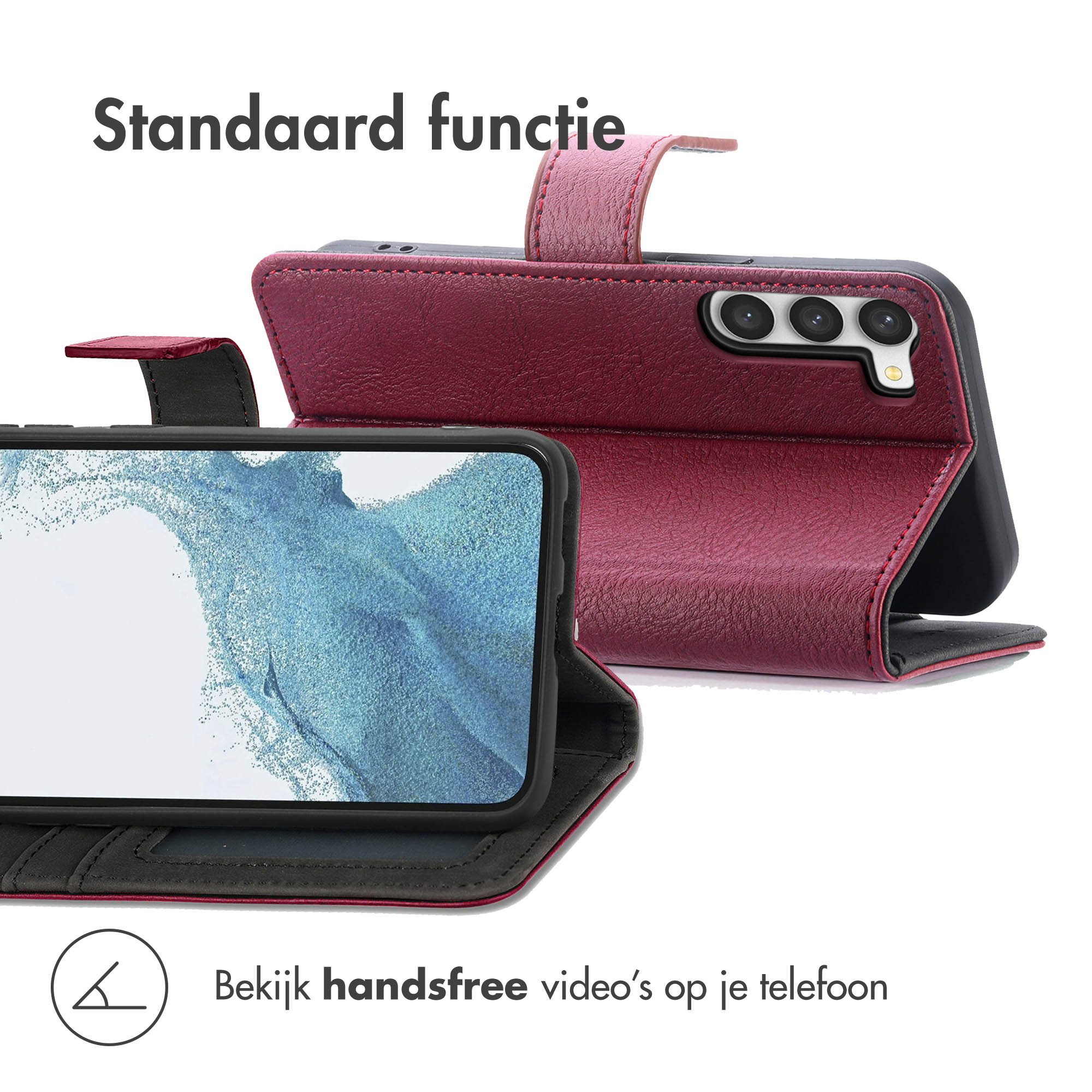 Rood leren flip case voor smartphone met camera-uitsparing en standaardfunctie.