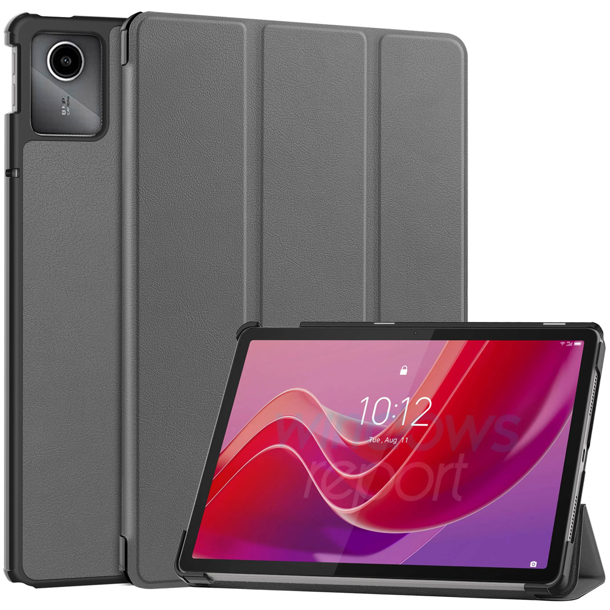 Gray tablet case with tablet in it. The tablet shows the time and date. Case closed.