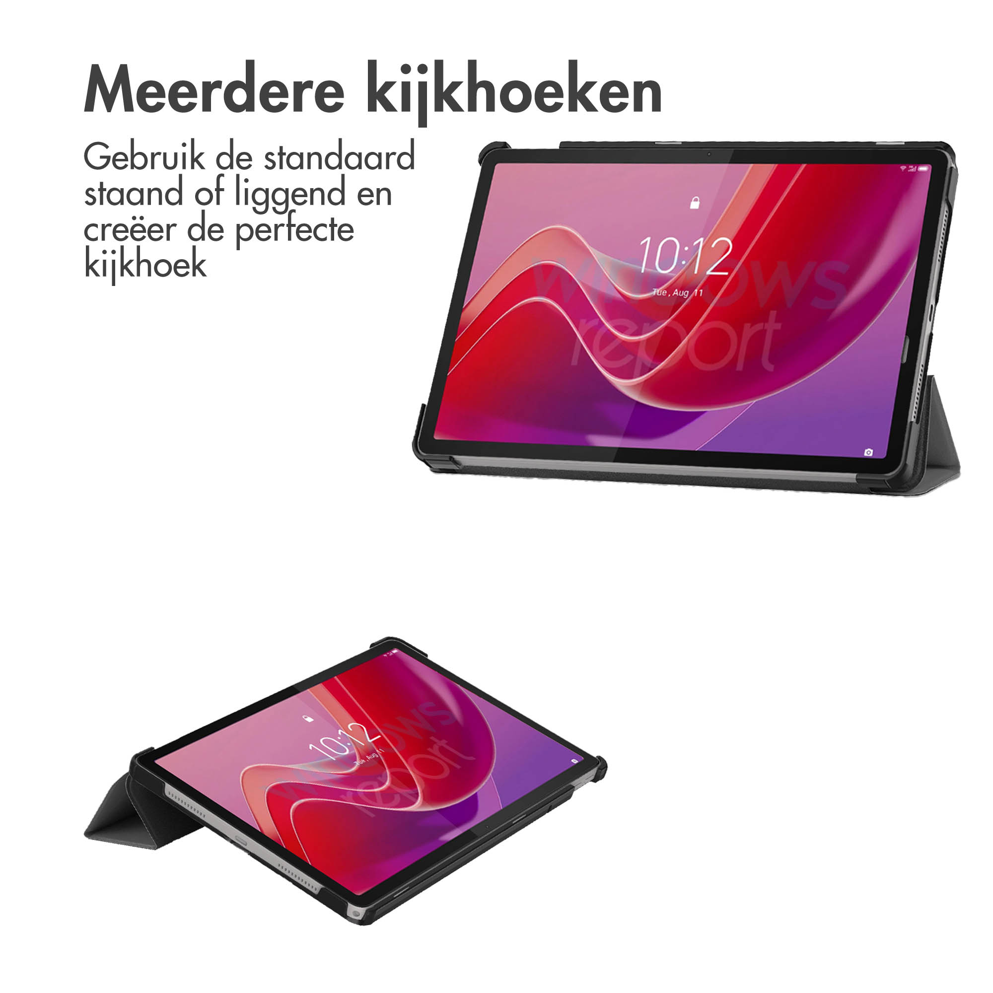 Tablet in a case, shown in two different positions. Text says 'Multiple viewing angles'.