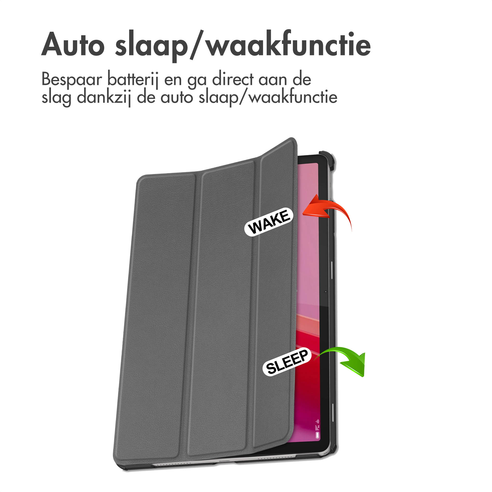 Tablet with a grey cover and text about sleep/wake function. Arrows indicate the open and close positions.