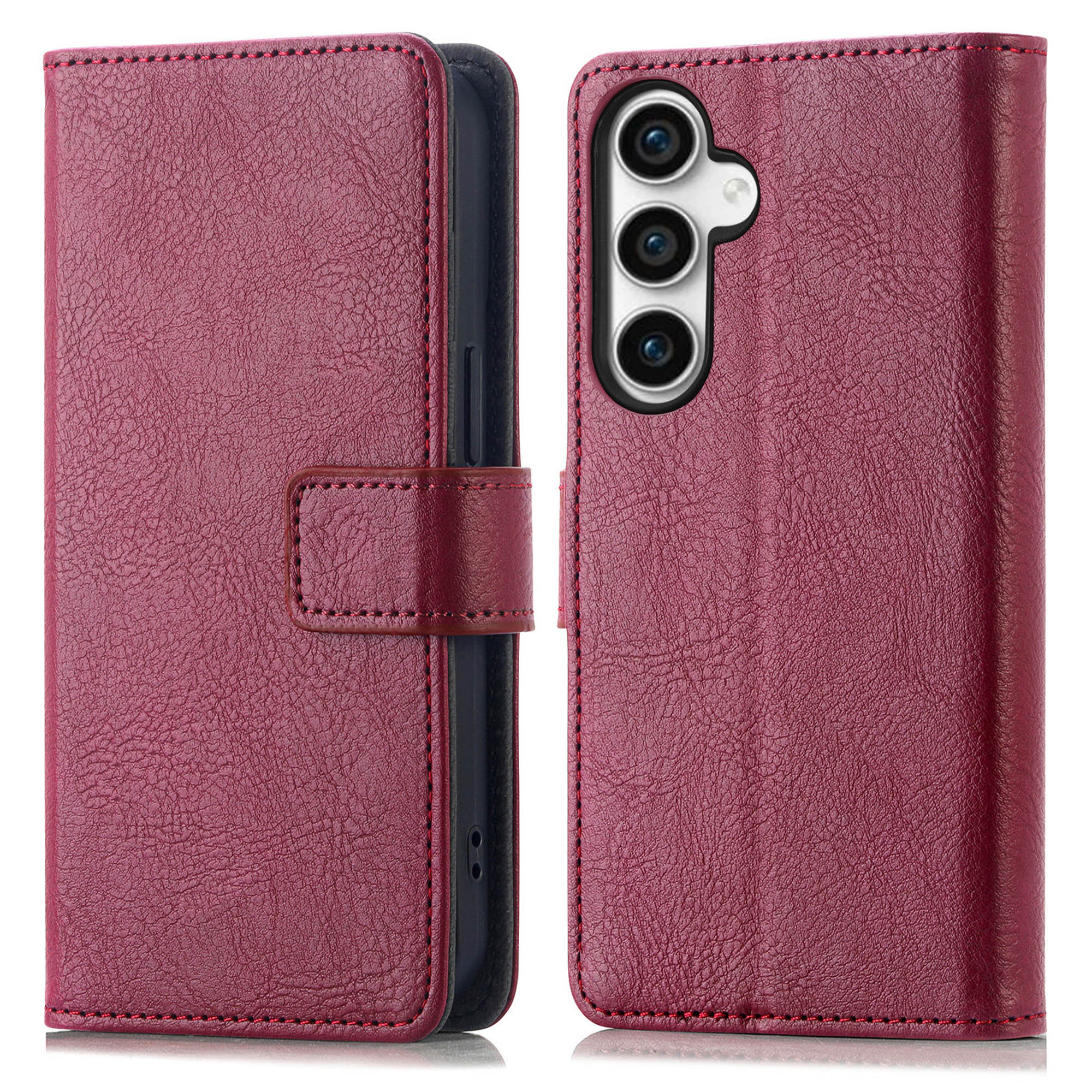 Telefoonhoes, geopend. Voorkant is bordeauxrood, met de telefoon binnenin. Stiksels aan de zijkant.
