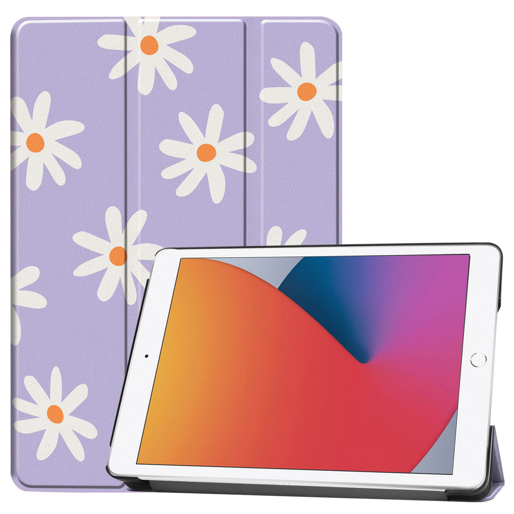 Tablet in a case with white flowers. The case is purple, tablet is on the right.