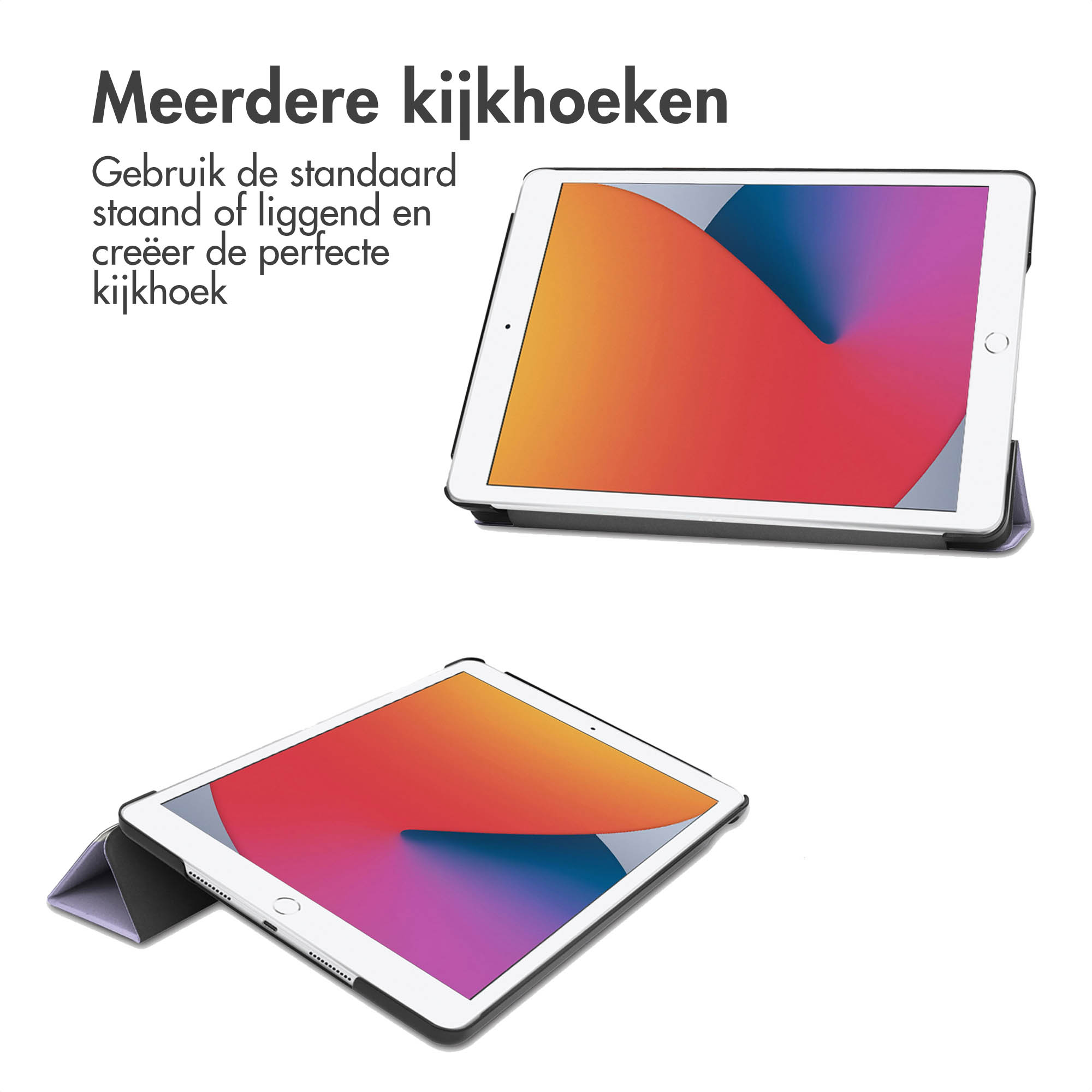 Two iPads in cases. One open, one flat. Text: multiple viewing angles.