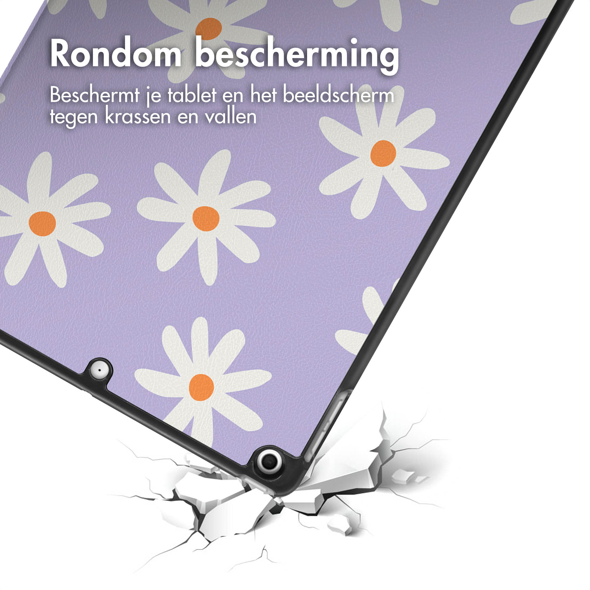 Tablet in a case with a floral pattern. The case is purple with white flowers.
