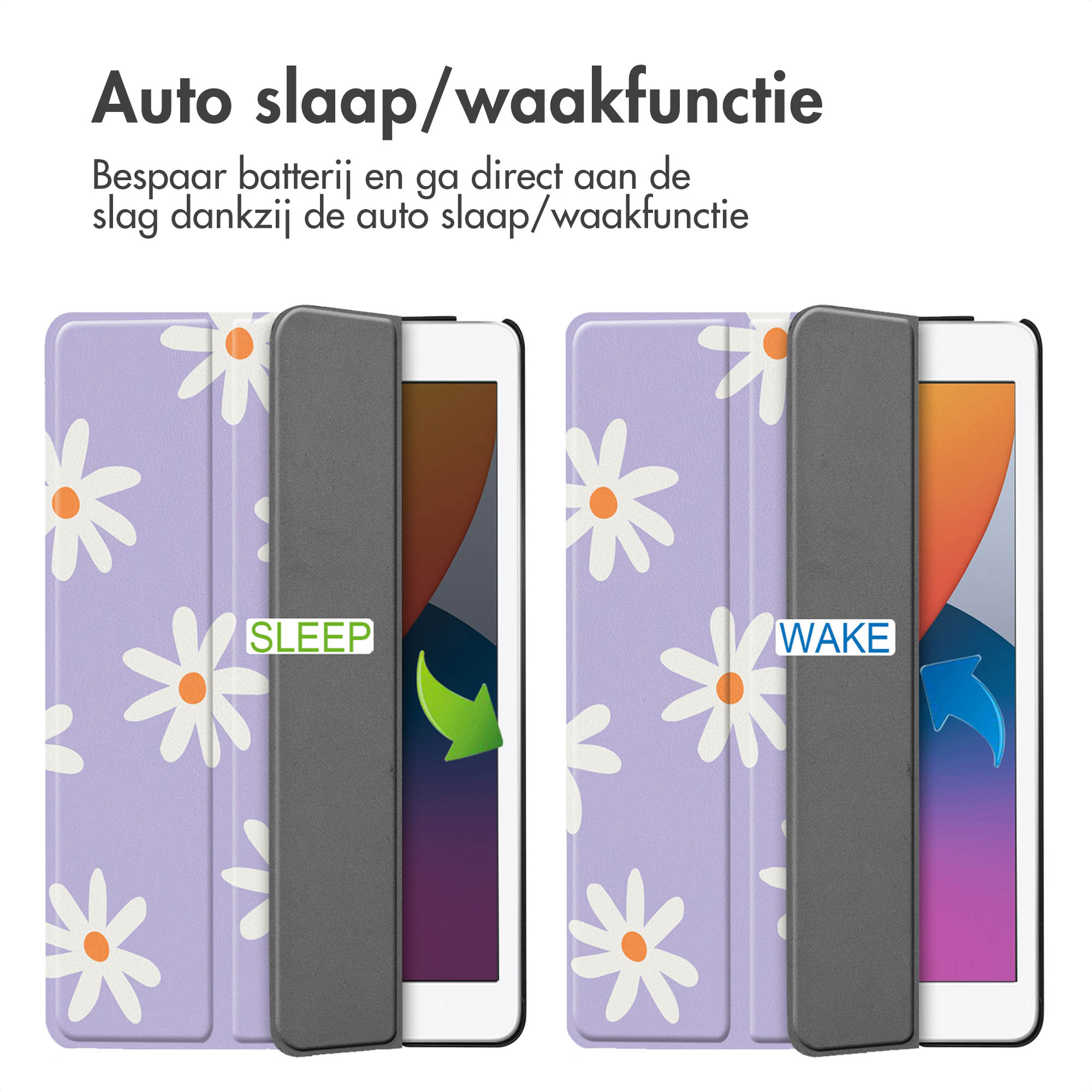 Tablet case showing sleep and wake modes with daisy pattern.