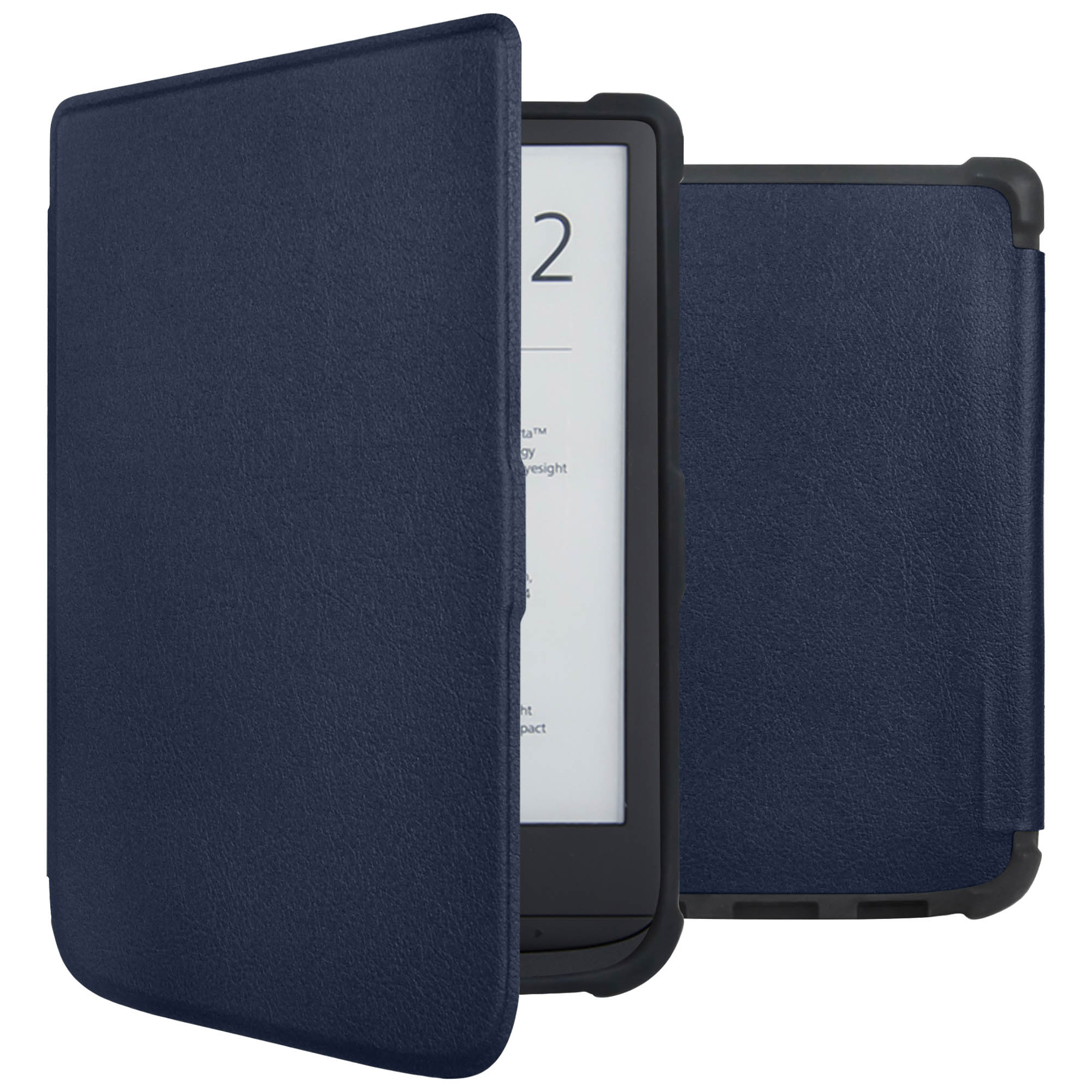 Un étui Kindle bleu marine. L'étui est ouvert, révélant l'écran du lecteur électronique. Texture cuir.