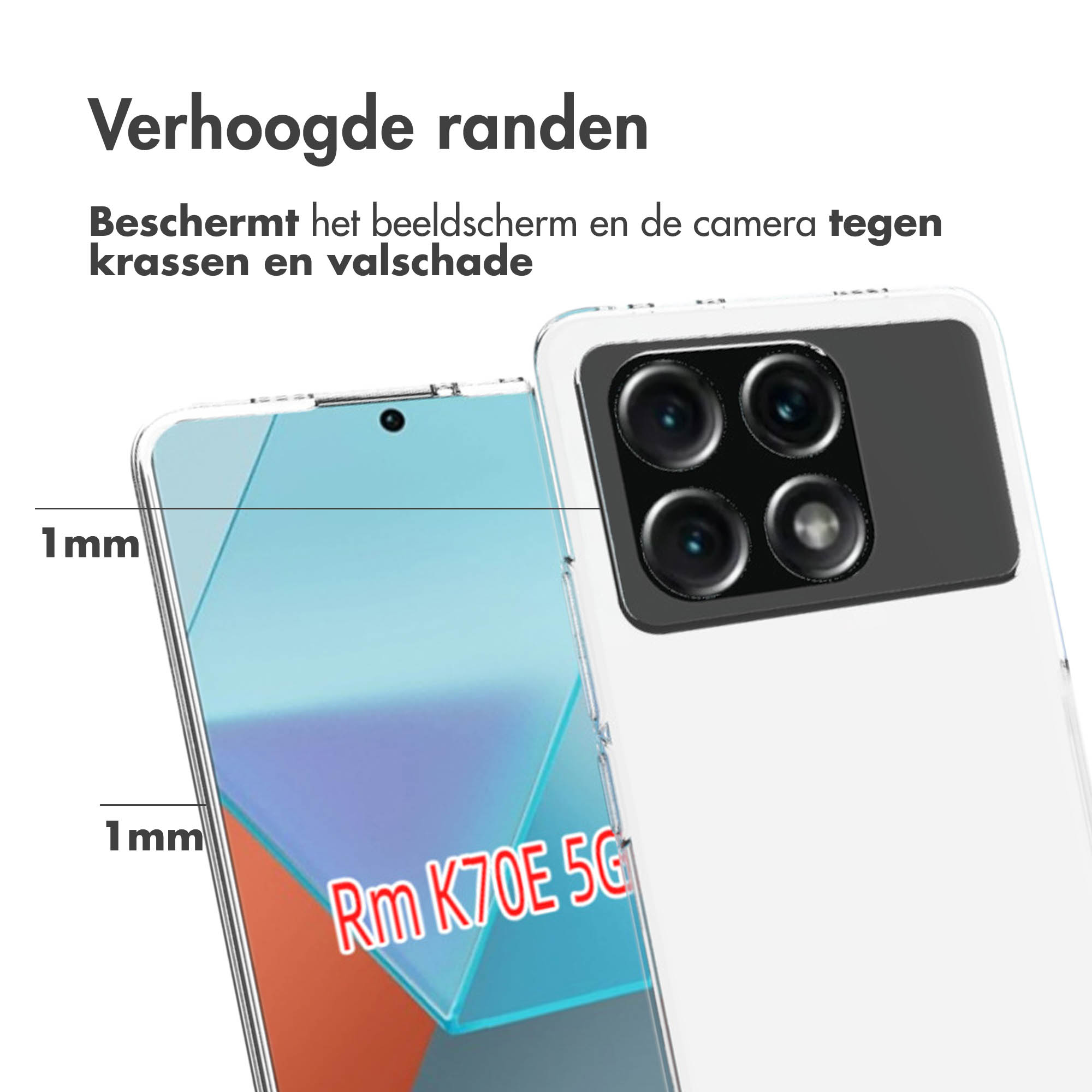 Una custodia trasparente protegge un telefono. Il telefono ha più fotocamere. La custodia è mostrata da più angolazioni.