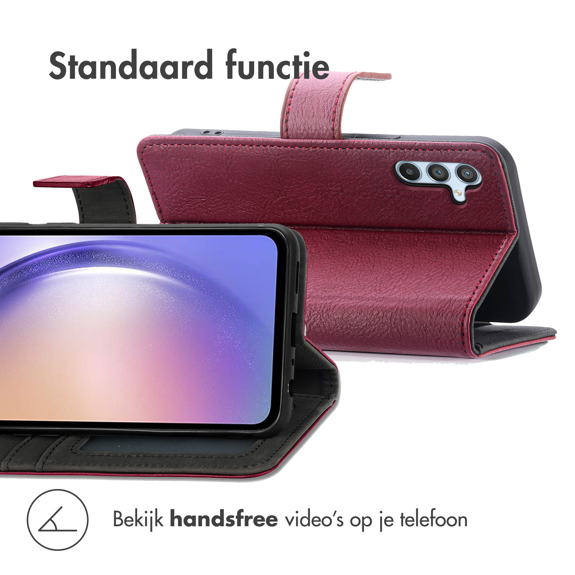 Rode lederen telefoonhoes met standaardfunctie en camera's.