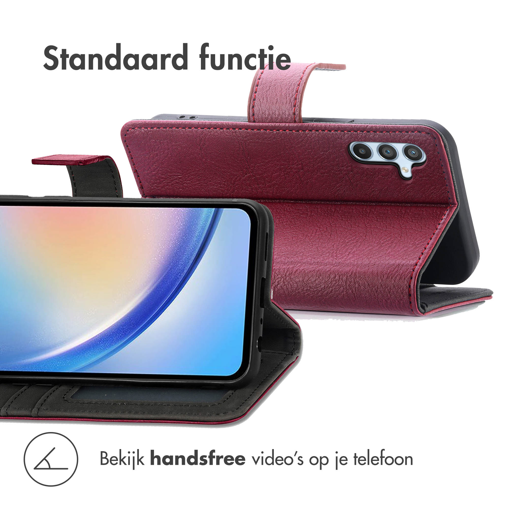 Rode telefoonhoes met standaardfunctie en cameragedeelte.