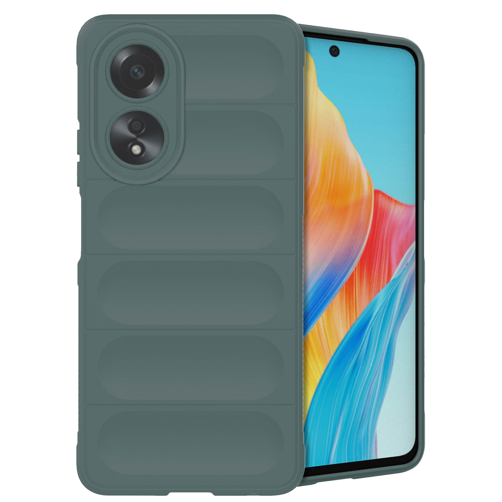 Een groene telefoonhoes met ribbels, die een telefoon met een kleurrijk scherm bedekt.
