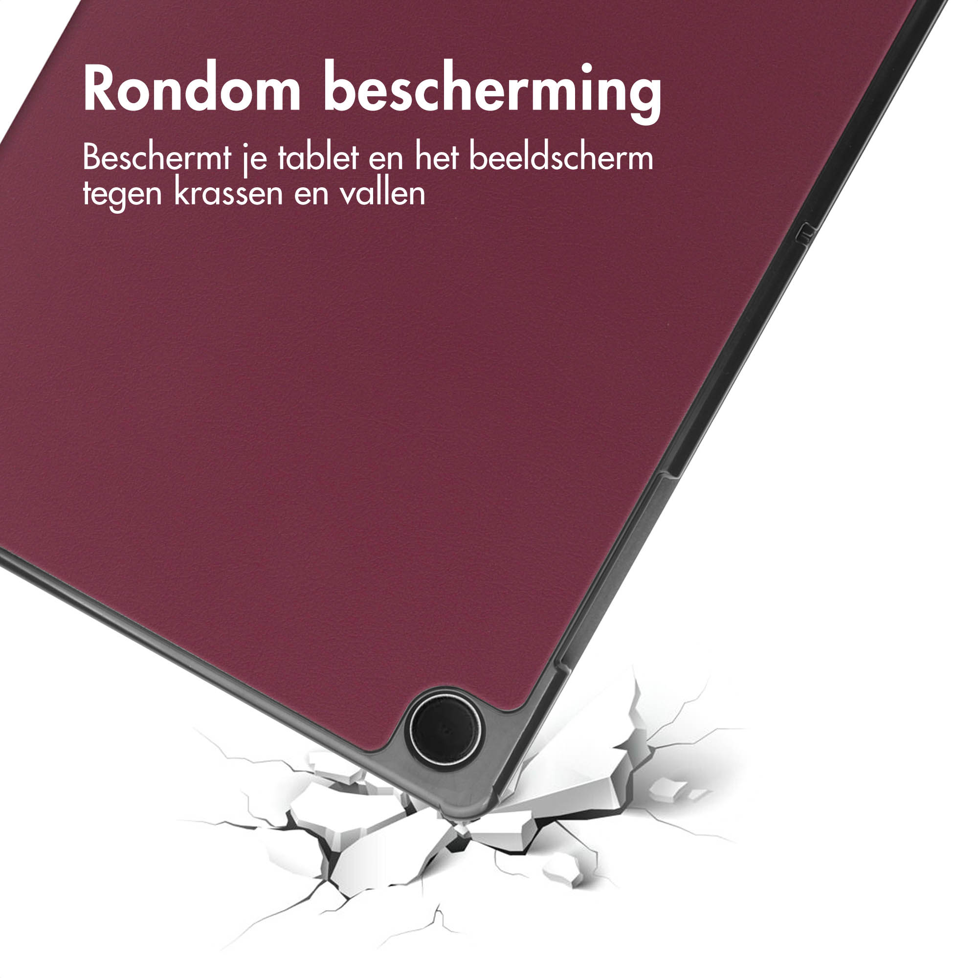 Een tablethoes met een rode hoes, schade door impact en de tekst 'Rondom bescherming'.