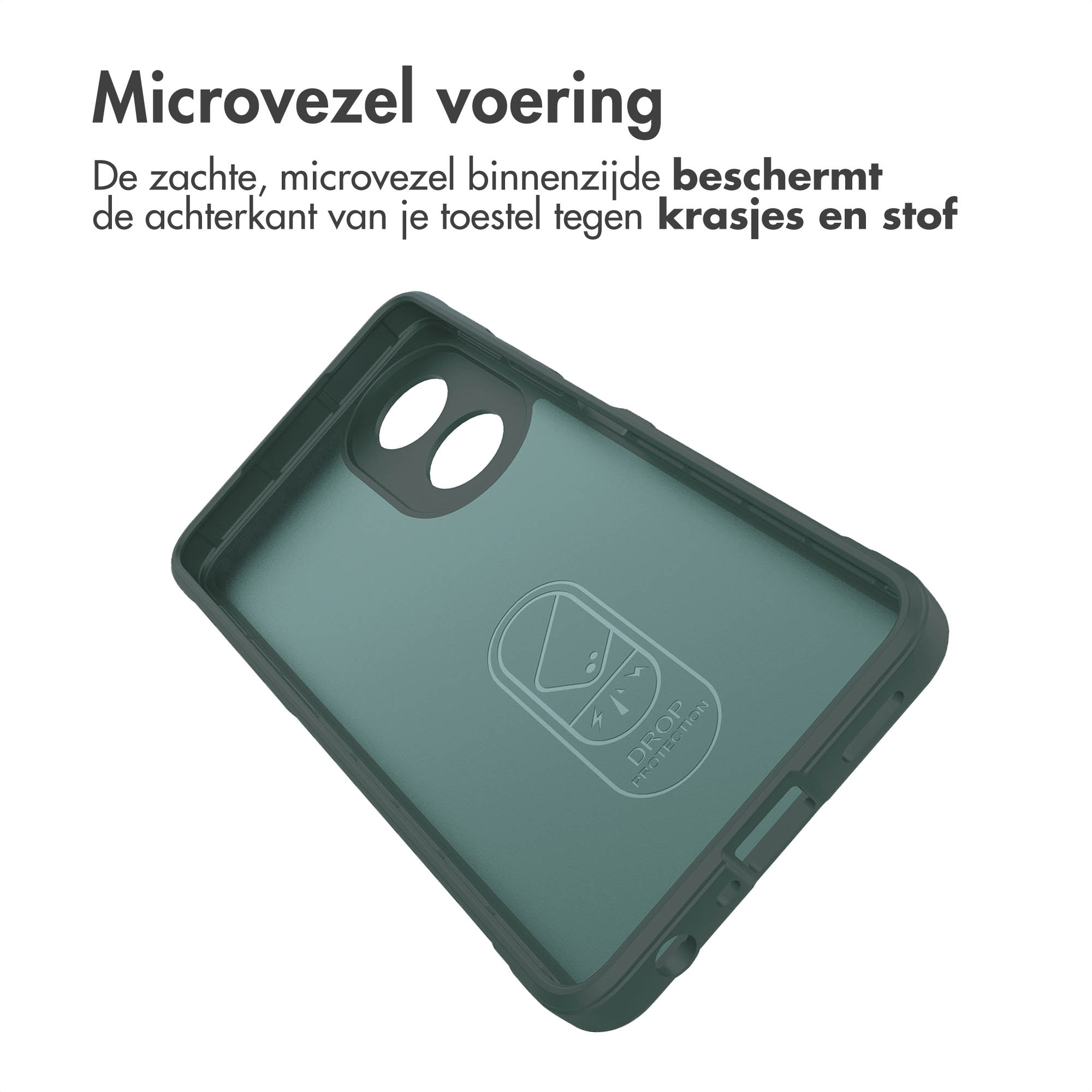 Binnenkant van groene telefoonhoes met het Drop protection logo.