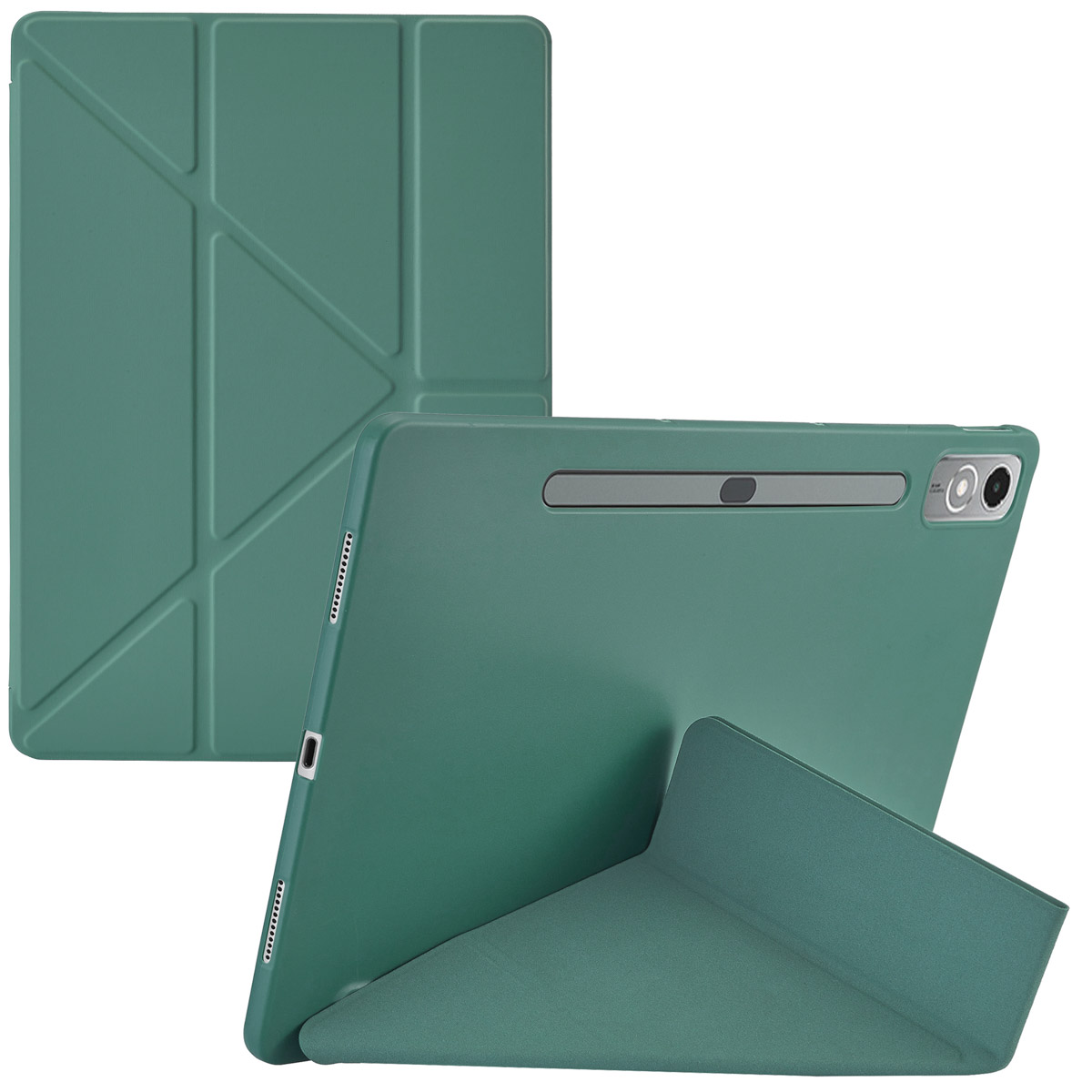 Tablethoes groen. De hoes is opvouwbaar. De achterkant van de tablet is zichtbaar.