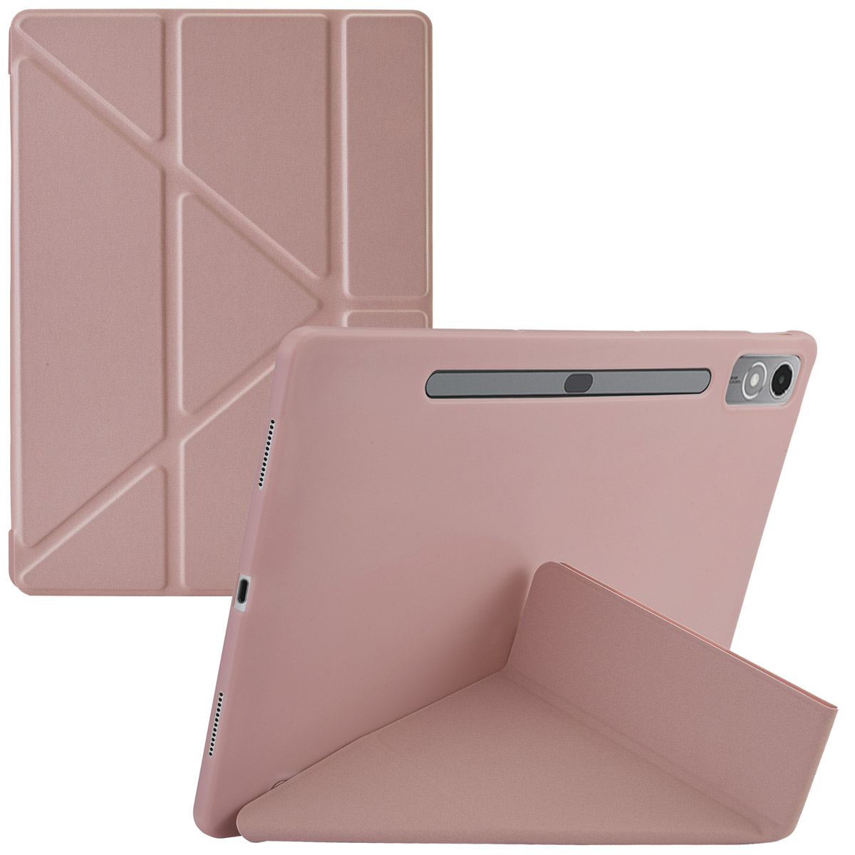 Pink tablet case, two views. The case is pink, with a geometric design.